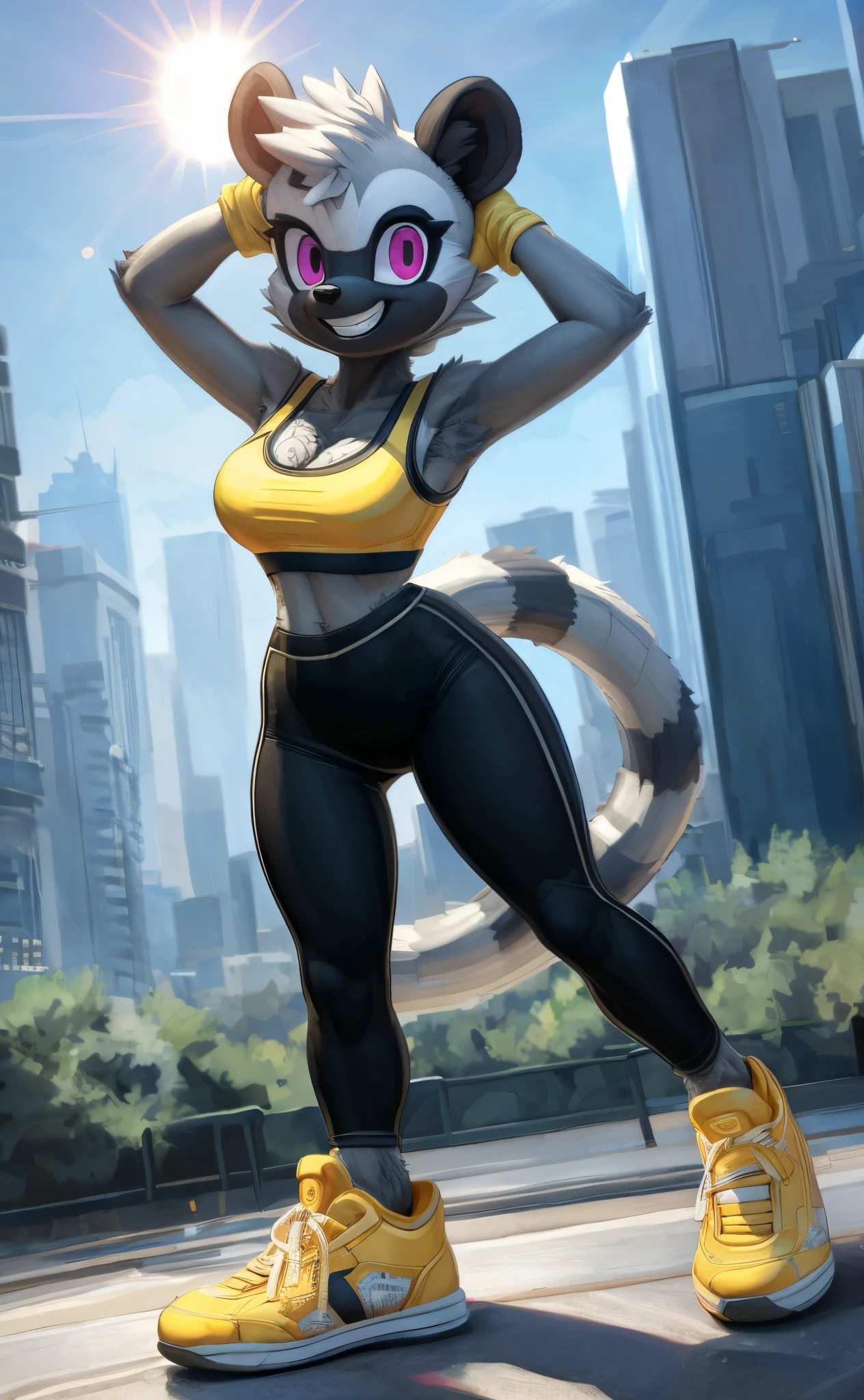 [tangle the lemur], [sonic the hedgehog], [Uploaded to e621.net; (Pixelsketcher), (wamudraws), (napalm_express)], ((masterpiece)), ((HD)), ((solo portrait)), ((front view)), ((full body)), ((detailed fur)), ((detailed shading)), ((cel shading)), ((beautiful render art)), ((intricate details)), {anthro, (slim figure), (grey fur), black nose, animal ears, cute pink eyes, short eyelashes, short hair, hair bang, (long lemur tail), (curvy hips), (excited grin)}, {(yellow crop top), (black spandex bodysuit), (cleavage), (yoga pants), (yellow sneakers), (white gloves)}, {(standing), (hands on head), (looking at viewer)}, [background; (city), (park), (blue sky), (sun rays)]