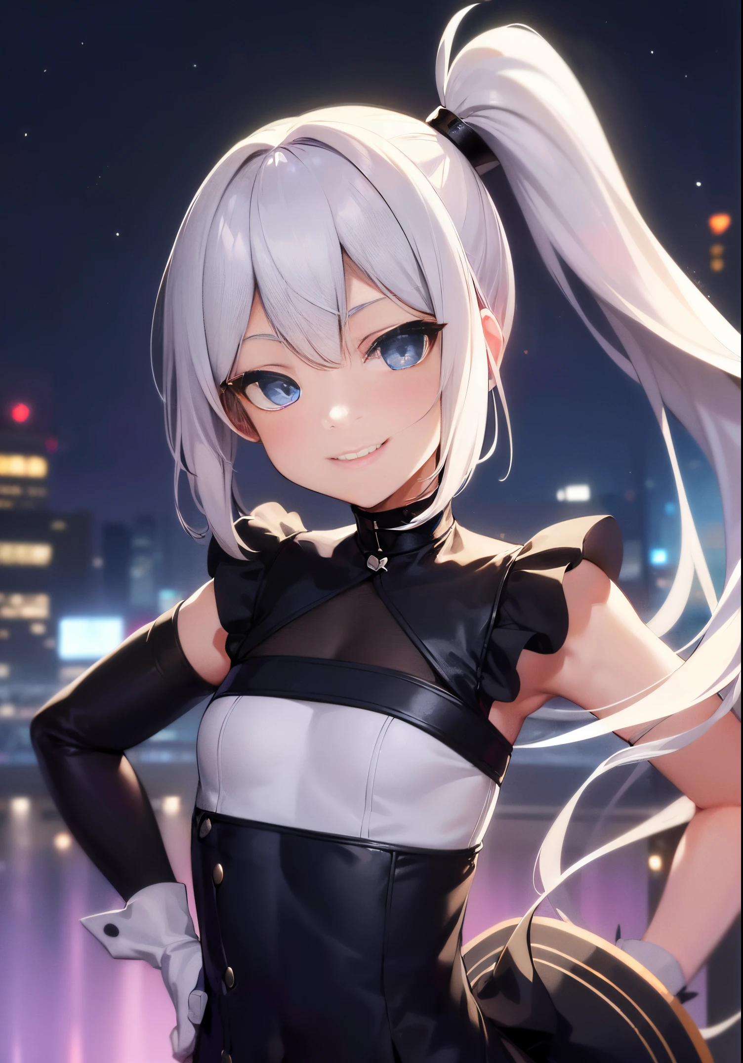 1girl, solo, absurdres, best quality, (smug smile:1.2), white hair, blue eyes, sleeveless dress, hair ornament, black dress, short, side ponytail, long hair, outdoors, nighttime, night, city, stars, starry sky, small breasts, flat chest, white gloves, white stockings, (hands on hips:1.2), (portrait, straight on, POV, looking at viewer, upper body:1.3)