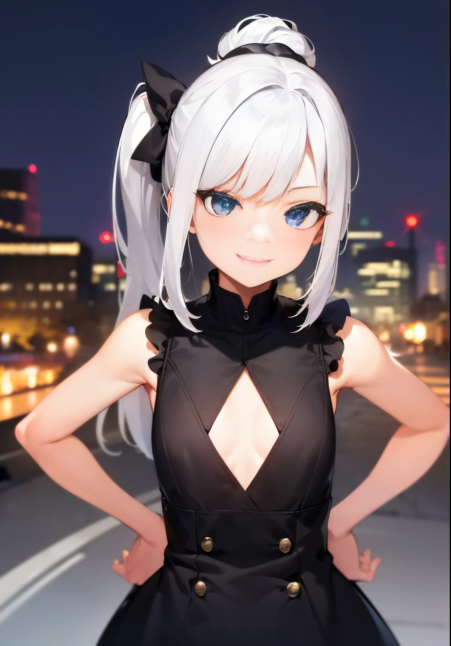 1girl, solo, absurdres, best quality, (smug smile:1.2), white hair, blue eyes, sleeveless dress, hair ornament, black dress, short, side ponytail, long hair, outdoors, nighttime, night, city, stars, starry sky, small breasts, flat chest, white gloves, white stockings, (hands on hips:1.2), (portrait, straight on, POV, looking at viewer, upper body:1.3)