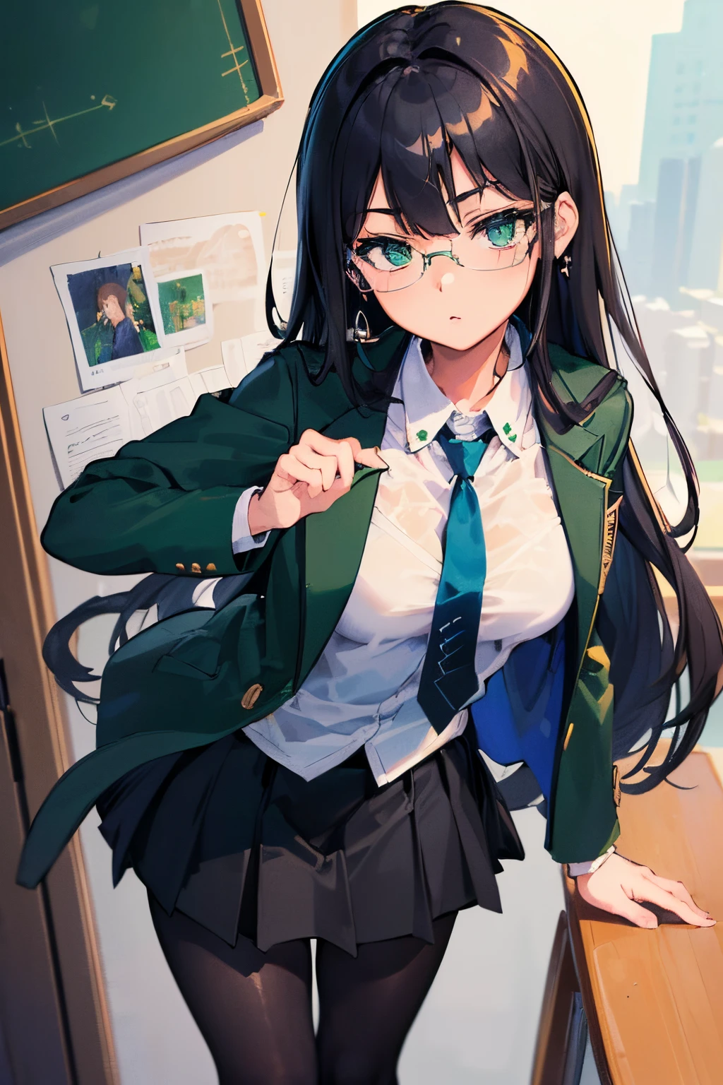 (best quality:1.3), (masterpiece:1.3), (illustration:1.3), (ultra-detailed:1.3), ((Best quality)), rin, ((school uniform, green jacket, necktie, black skirt,)) pantyhose, earrings, glasses, black hair, long hair, mature female, standing