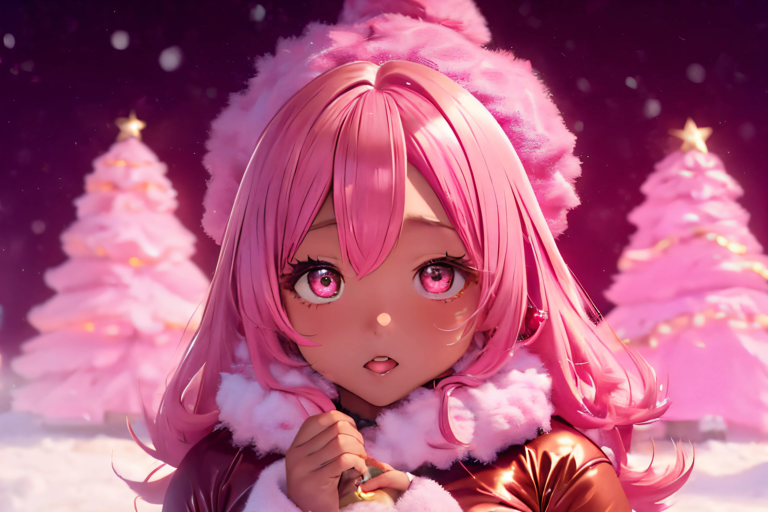 In a snowy city in winter,Voluminous and fluffy pink Santa costume,Christmas tree,Beautiful and fantastic pink night view,pink hair,black Eyes,There are many gifts and ornaments around, (((brown skin girl))), pink, pink background