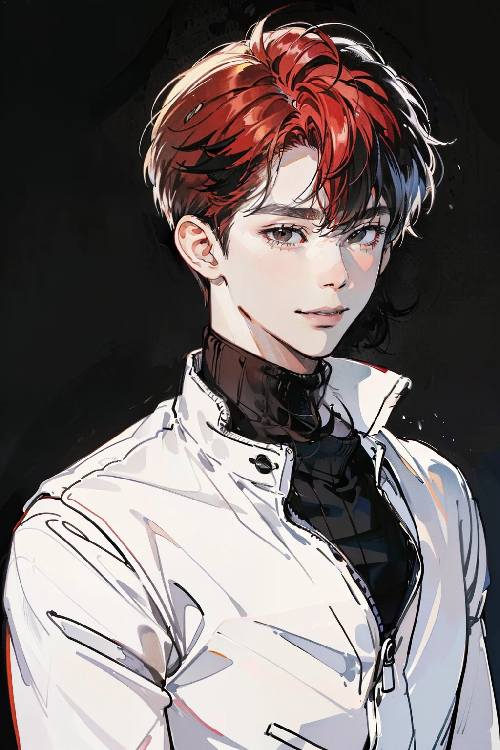 best quality, high resolution, clean background, high contrast, 1 boy, line-drawing, sketch, ((tight medium shot))), white background, clean line drawings, (fringe hairstyle), (naughty face), smile face, (((turtleneck))), (((darkred-haired)))), (Mashed Hair), ((black eyescolor:1.5)), white skin,