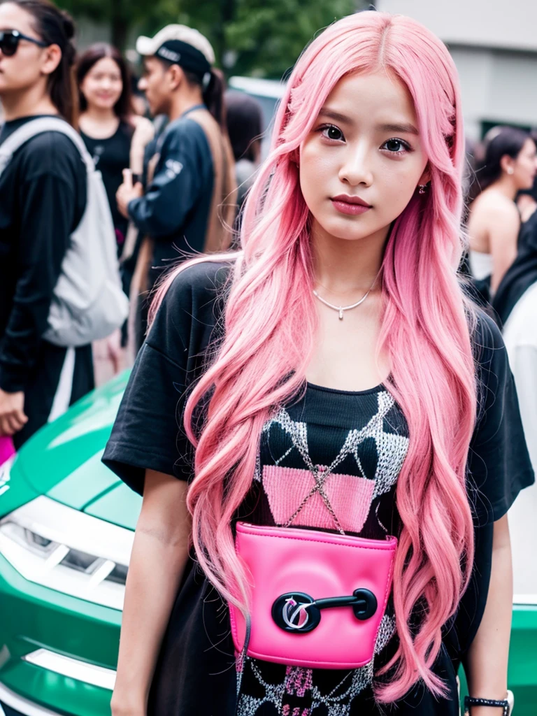 gamer girl, vibrant pink hair, long hair, makeup, dior clothes
