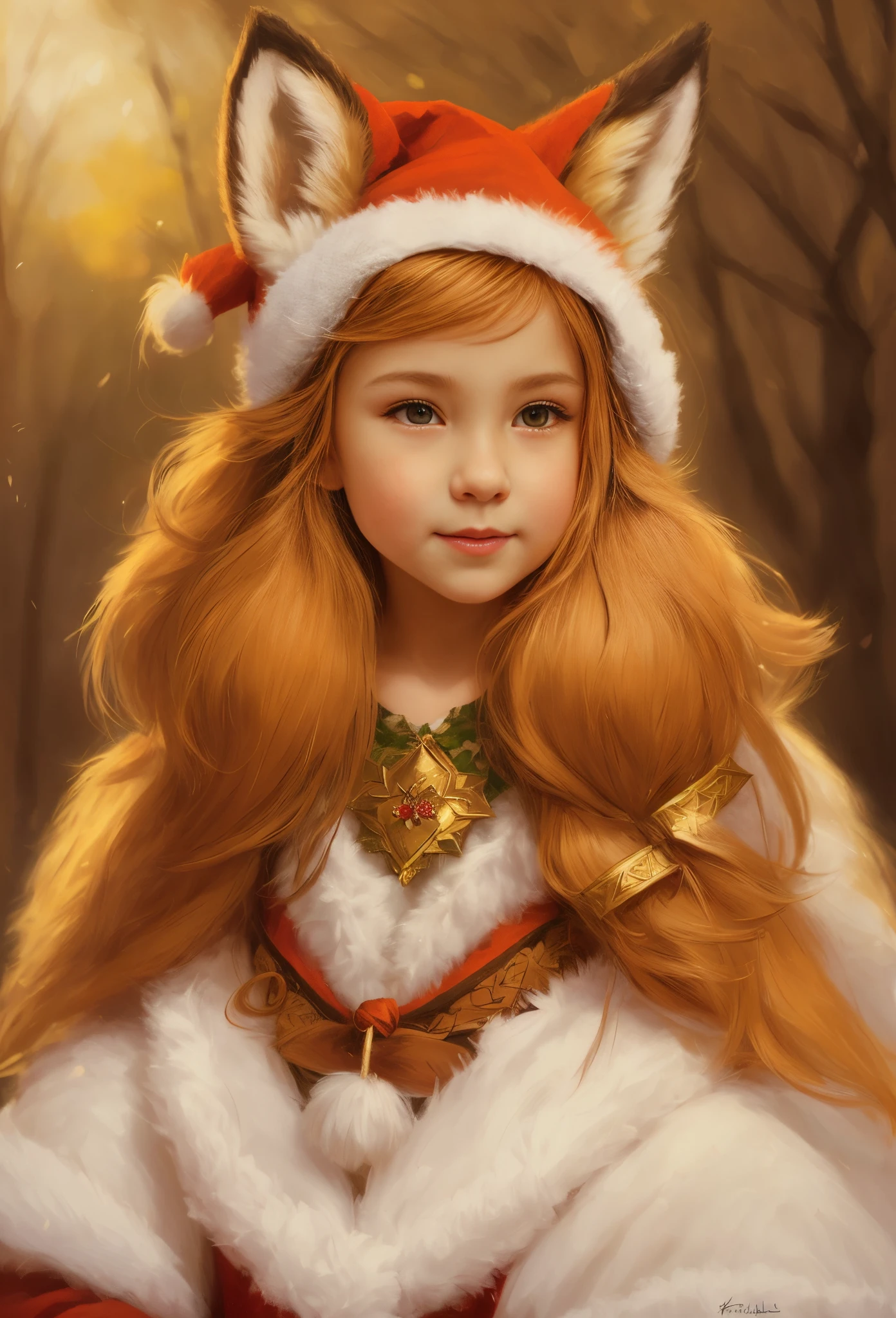 Image of a fox girl wearing a Santa suit and hat..., childrens art in artstation, inspired by Michael Malm, portrait of an elf, adorable digital painting, portrait of a gnome called eldon, Classic portrait, portrait of an elf, Santa, based on Rudolf F.. Ingerle, close portrait, based on Ivan Kramskoy