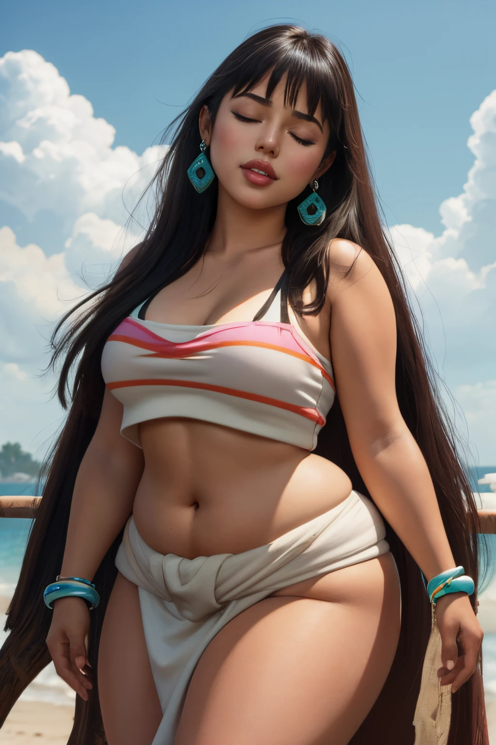 masterpiece, (photorealistic), (8k wallpaper) , (best quality), perfect quality, solo, (detailed eyes:0.9), girl, Chel, eating donut, latin, face : ( very beautiful face, cute face, pleasure, closed eyes, small smile, thin face, perfect face ), figure: (very full figure, sexy, sexy pose, very thicc, curvy, very chubby, chubby belly, navel, love handles, muffin top, fat thighs, thunder thighs), clothes : ( tight loincloth )