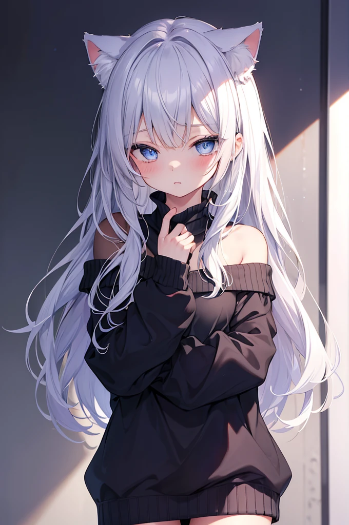 best quality, ultra precision, 1girl,  cute, little girl, young, boyish, childish, small breasts, silver hair, cat ears, blue eyes, beautiful eyes,  girl, ecstasy, sailor collar, estrus, metestrus, start to undress, naughty mood, she loves you, lost virgin, virgin, blush, beautiful skin, big bow on chest I'm not wearing panties BLUE SWEATER, BLACK SHIRT, SHIRT UNDER SWEATER, OFF SHOULDER TOP) Tsundere