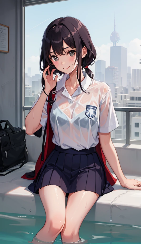 1 girl, smile, shirt, skirt, (small) chiralism, Japan high school school uniform, seravuk, summer clothes, squall-wet uniform, sheer bra, (portrait from knee up),