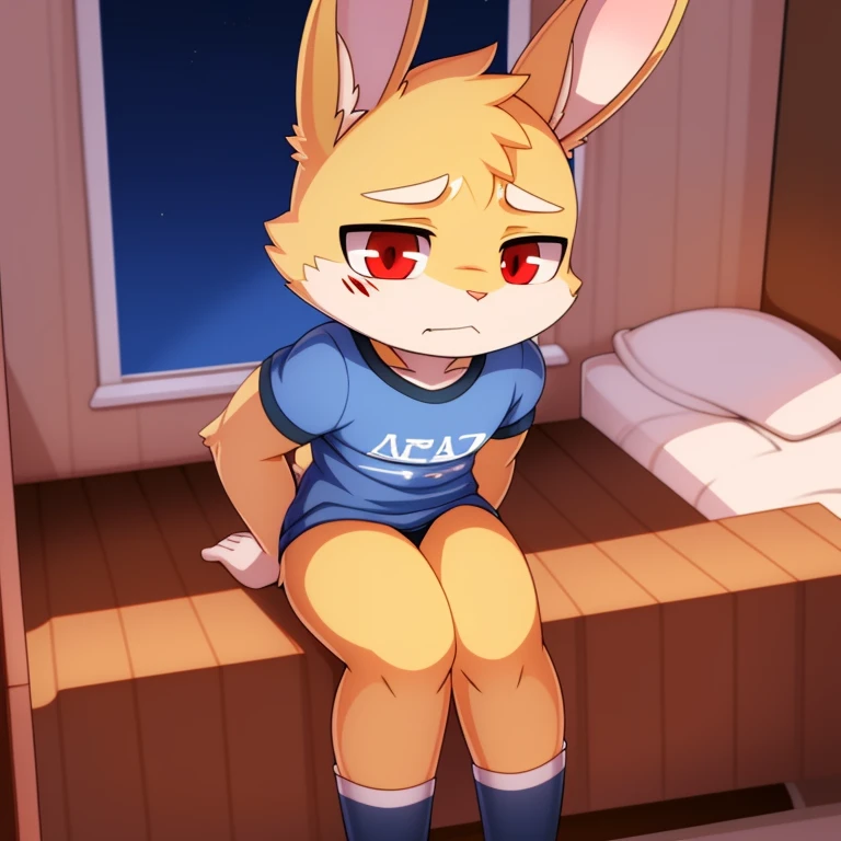 solo, male, rabbit, yellow colored fur, lean body, anthropomorphic rabbit, surgeon, tired, dark bags under eyes, unhappy expression, red eyes, blood marks on shirt, blue shirt