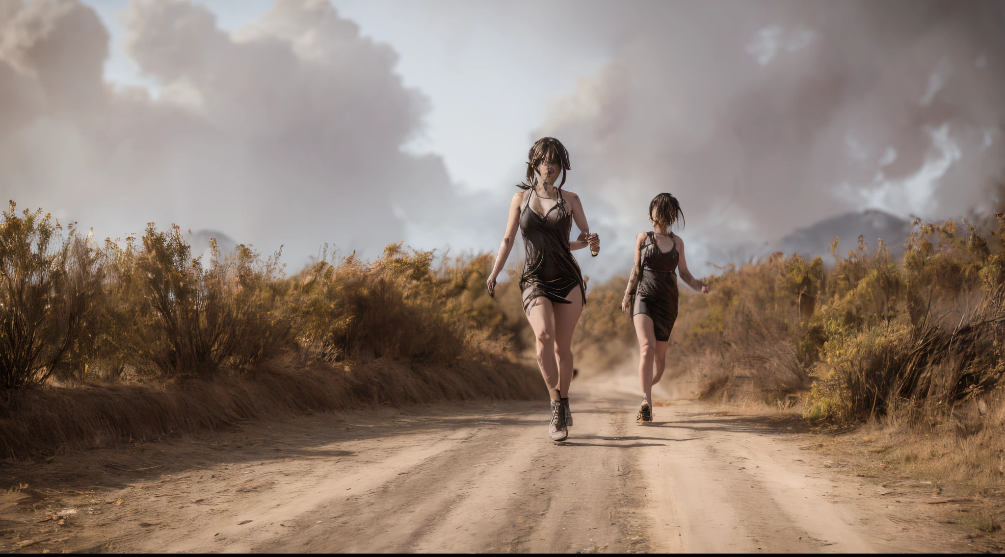 She wore a short slip dress，Running on the road, sunny mid day，Behind her, There is a large group of zombies chasing, Flames and general destruction, The darkness of the Dark Ageedium shot，Cinematic light and shadow，8K clarity