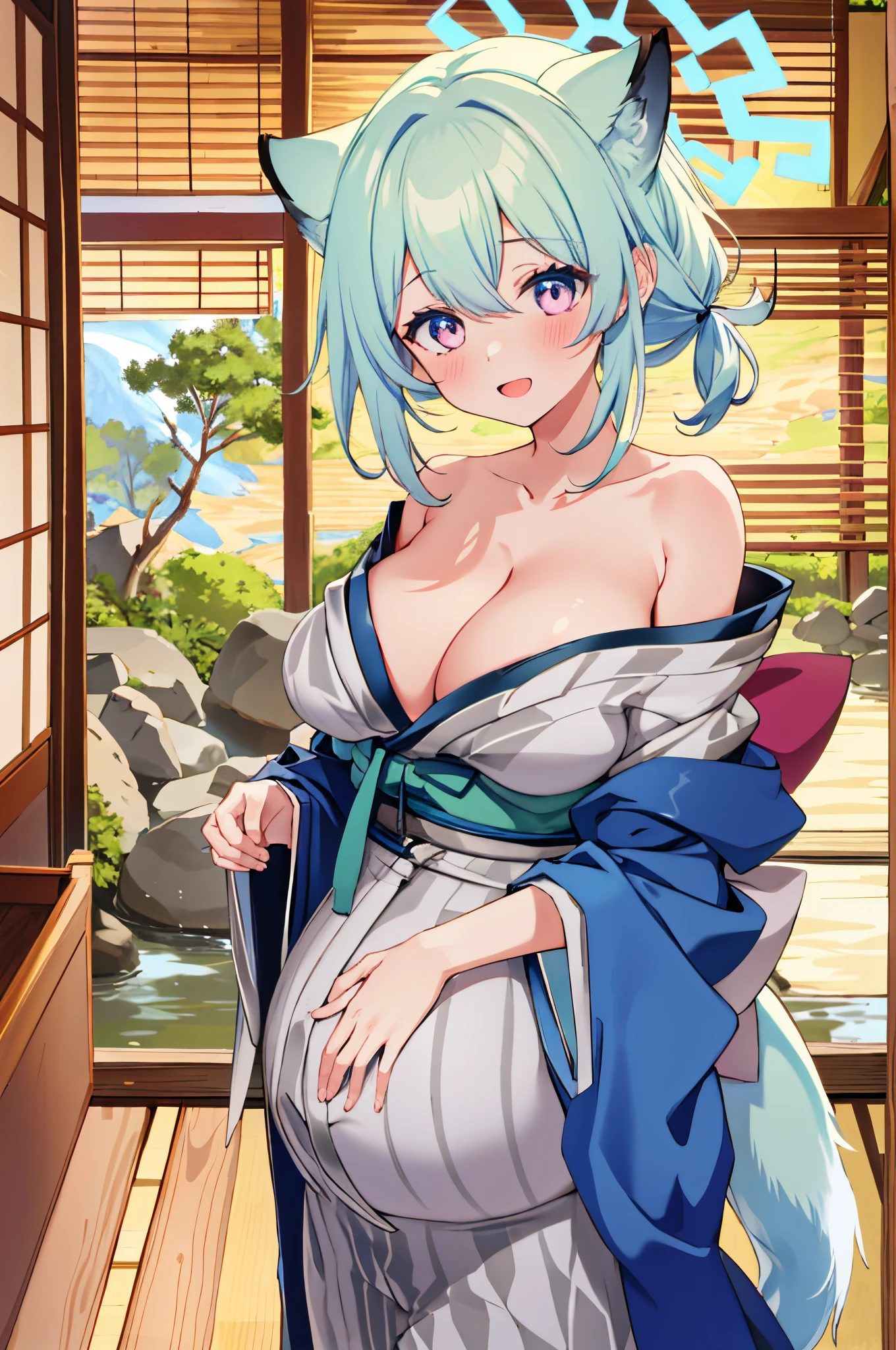 mayoi shigure, 1girl, solo, looking at viewer, blush, smile, open mouth, bangackground, animal ears, cleavage,(very huge breasts), tail, japanese clothes, wide sleeves, pink eyes, official alternate costume, halo, obi, multicolored eyes, light green hair, yagasuri, grey kimono, bath yukata, weasel ears,(pregnant)