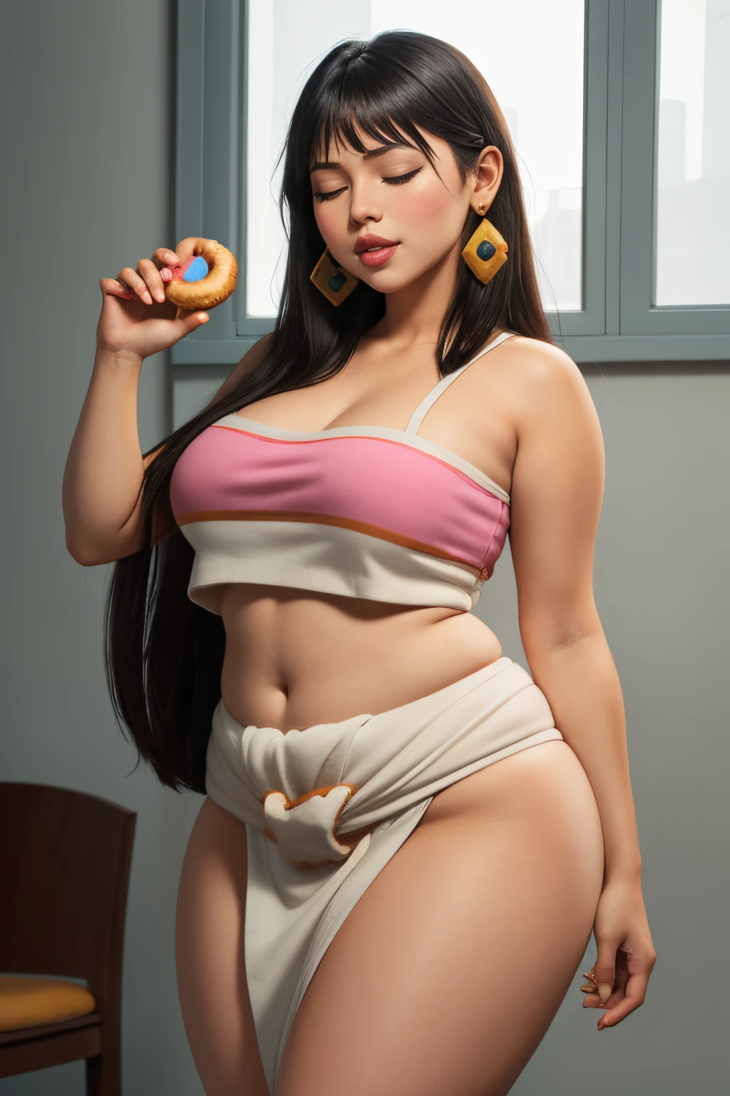 masterpiece, (photorealistic), (8k wallpaper) , (best quality), perfect quality, solo, (detailed eyes:0.9), girl, Chel, eating donut, donut in arm, latin, face : ( very beautiful face, cute face, pleasure, closed eyes, small smile, thin face, perfect face ), figure: (very full figure, sexy, sexy pose, very thicc, curvy, very chubby, very chubby belly, navel, love handles, muffin top, fat thighs, thunder thighs), clothes : ( tight loincloth )