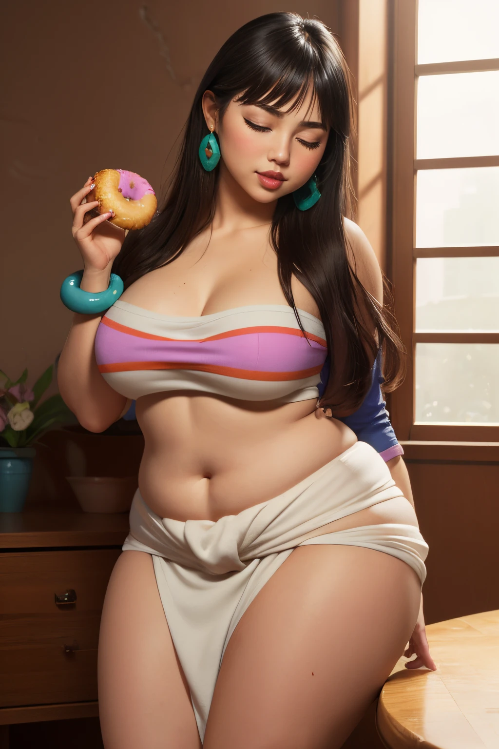 masterpiece, (photorealistic), (8k wallpaper) , (best quality), perfect quality, solo, (detailed eyes:0.9), girl, Chel, eating donut, donut in arm, latin, face : ( very beautiful face, cute face, pleasure, closed eyes, small smile, thin face, perfect face ), figure: (very full figure, sexy, sexy pose, very thicc, curvy, very chubby, very chubby belly, big deep navel, love handles, muffin top, fat thighs, thunder thighs), clothes : ( tight loincloth )