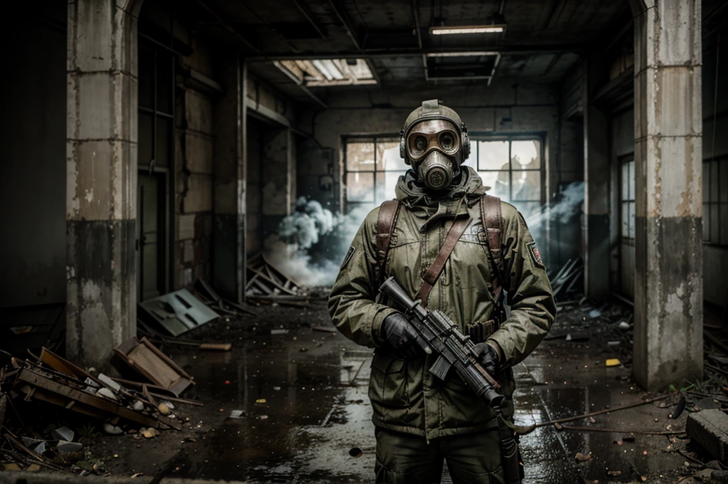 man in gas mask and gas mask holding a gun, S.T.A.L.K.E.R., anomaly, USSR, soviet ruins,