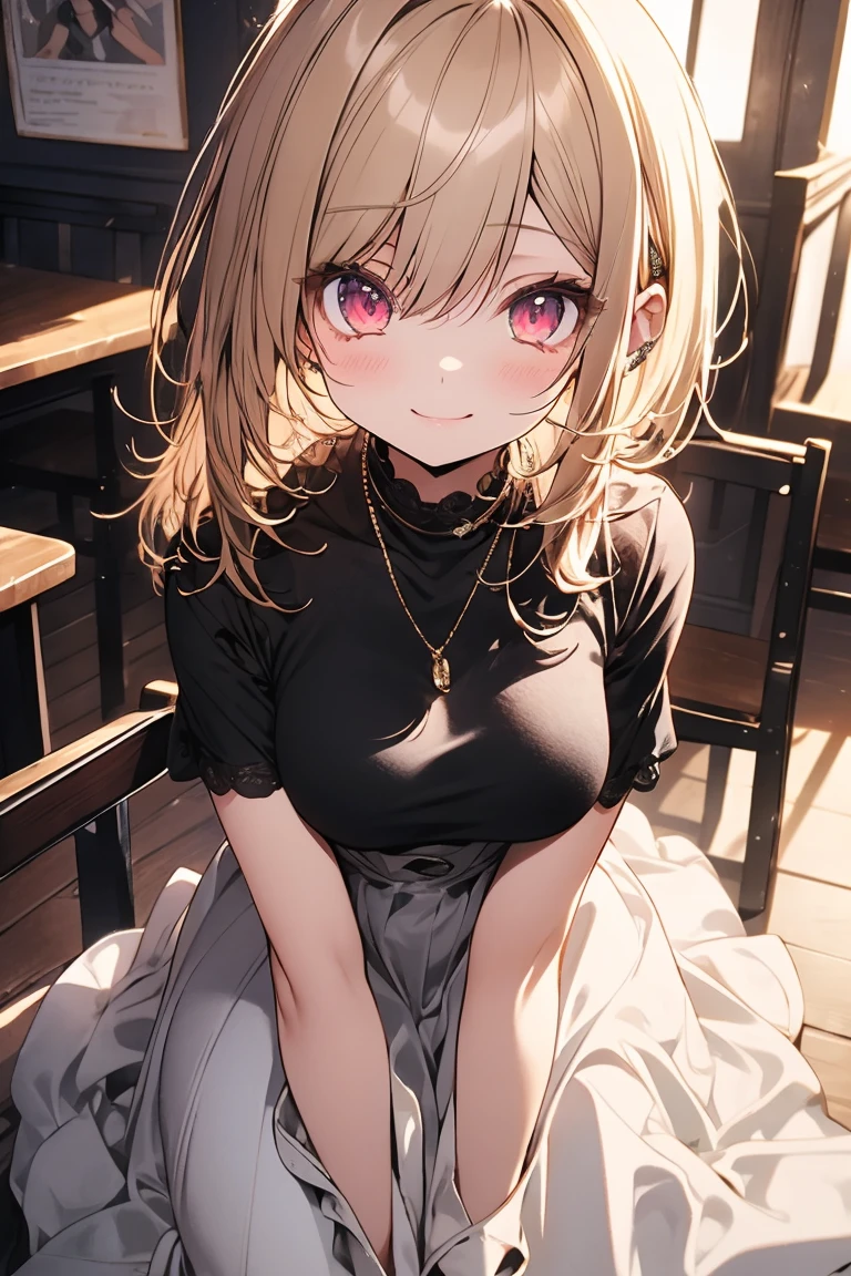 masterpiece, absurdres, best quality, ultra detailed, high Resolution, detailed illustration, extremely beautiful detailed face and eyes, bright colour, 1girl, (li), cute face, Delicate beautiful face, magenta eyes, cute eyes, sparkling eyes, big eyes, medium breasts, (perky breasts:1.1), (pointy breasts:1.1), medium hips, glamorous body, white skin, smile, BREAK, long bob cut, (blonde hair:0.8), messy hair, detailed hair, shiny hair, BREAK sweater, long skirt, tiny ribbon, Lunch, Italian restaurant, real world, natural lights, perfect lighting,