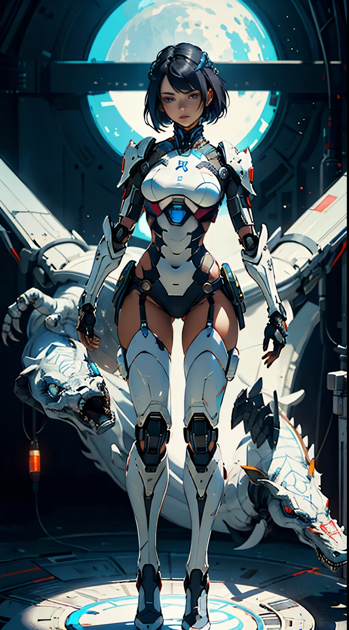 Masterpiece in 4K, style inspired by Shadow of the Colossus, Mass Effect and Monster Hunter. | A stunning 30-year-old woman wearing an all-white cybernetic armor with small blue areas and black robotic parts. The costume is adjusted to the body, highlighting his figure. Her blue, short hair, with two marias-chiquinhas and bangs over her right eye, adds a unique touch. She is in an alien aircraft, full of technological equipment, large computers, futuristic windows and metal structures. It adopts a dynamic pose, leaning back in a captivating way. The camera is extremely close, focusing on the entire body of the main character. | {The camera is positioned very close to it, revealing the whole body as it takes on a dynamic pose, leaning in a captivating way} | ((perfect_pose):1), ((full body)), ((hands_with_5_fingers):1), ((perfect_fingers):1), ((perfect_legs):1), better_hands, More_Detail.
