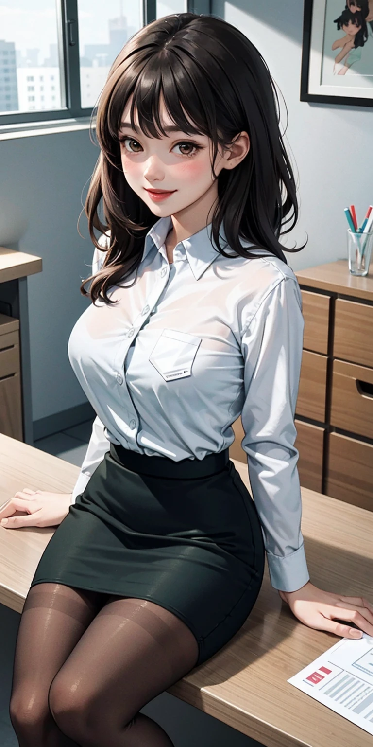 (modern office indoors), 1lady ((solo)), (brown eyes), (black medium hair), bangs, (office casual pencil skirt green), (white shirt), (id card), blush kind smile, (masterpiece best quality:1.2), delicate illustrations, high resolution, ultra-detailed, large breasts, (black stockings)