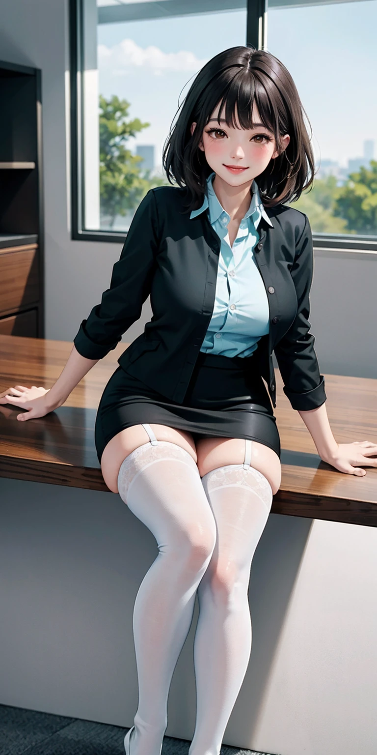 (modern office indoors), 1lady ((solo)), (brown eyes), (black medium hair), bangs, (office casual pencil skirt green), (white shirt), (id card), blush kind smile, (masterpiece best quality:1.2), delicate illustrations, high resolution, ultra-detailed, large breasts, (black stockings)