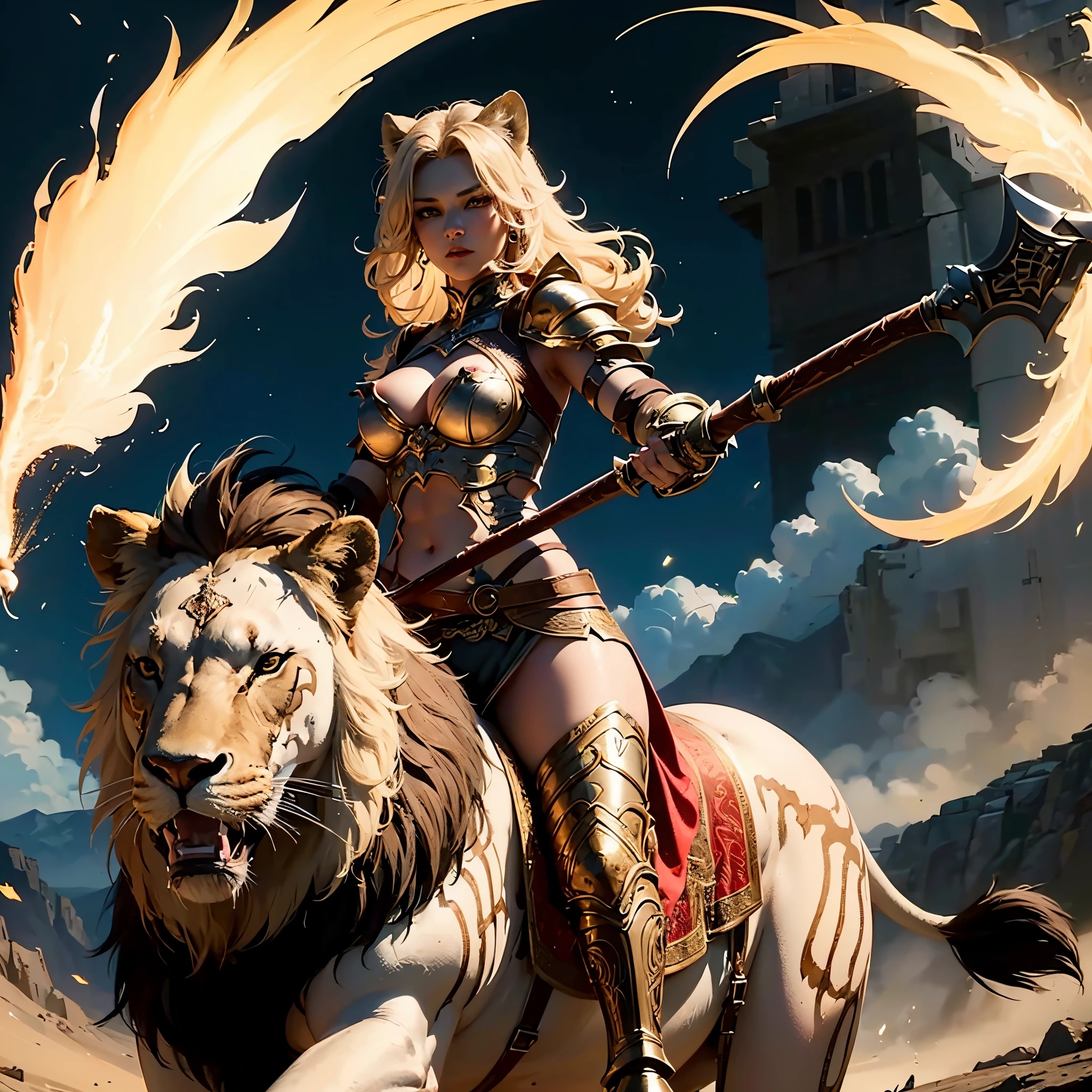 generate a lady name venade, wearing sexy warrior outfit riding a huge lion while holding an axe, she is a fierce warrior who is ready to attack her enemies, masterpiece, best quality:1.2),(8k,highres,RAW photo,realistic,photo-realistic:1.3),(detailed skin texture,detailed cloth texture,beautiful detailed face:1.25),professional lighting,photon mapping,beautiful soft light,radiosity,physically-based rendering,raytracing, model shoot style, model shoot style, (extremely detailed CG unity 8k wallpaper), full shot body photo of the most beautiful artwork in the world, (((nsfw))), (((nude))), (((naked))), (((nipples)))