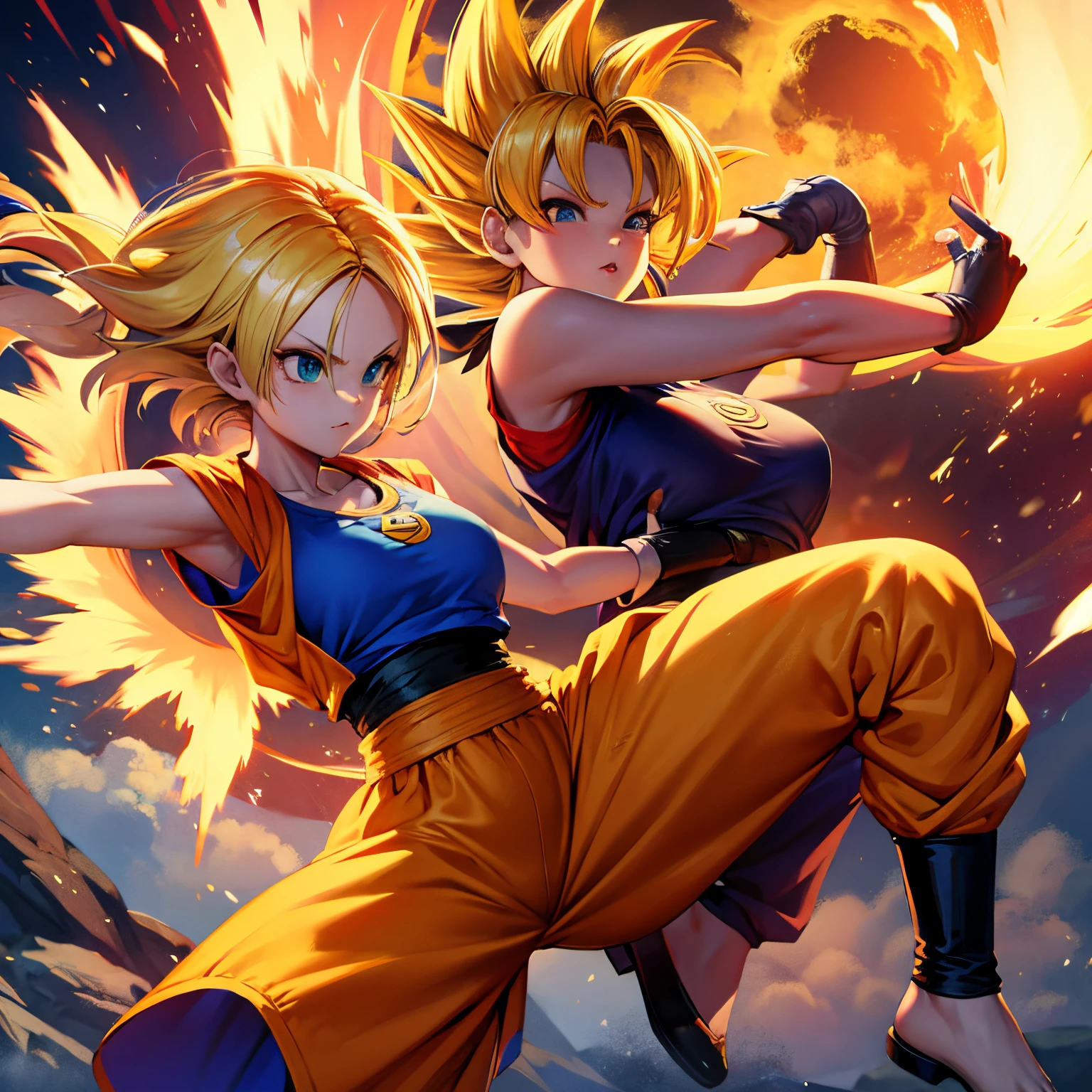 2persons,goku,golden hair,super saiya,
figth with women
,sexythin clothes showing nipples,
super seiya nami,background in the city,they are cool,fight in the sky
monster fight with goku in sky