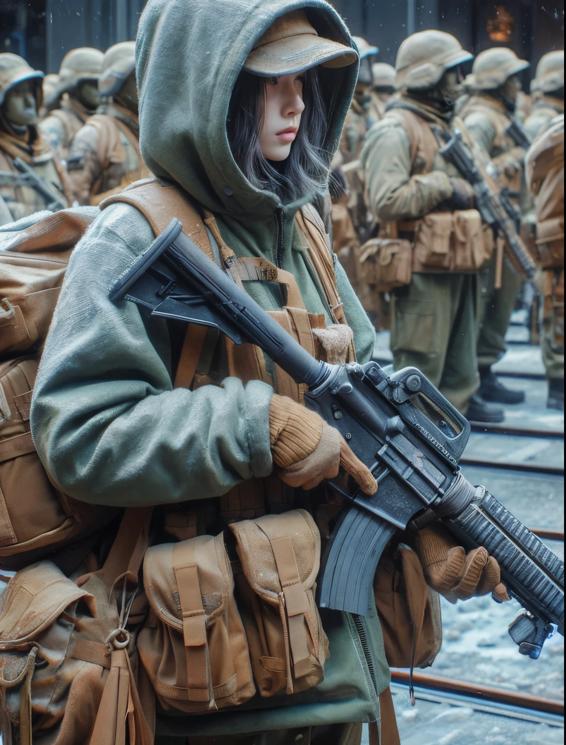 Photorealsitic、realistic skin textures、automatic rifle
