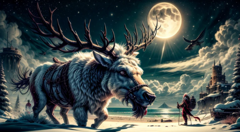 Zeus greek god as Santa Claus outfit post-apocalyptic world Ride a large, fierce, and formidable cyborg reindeer. Cross through the abandoned Atlantis empire ,a lot item around , Surreal, mysterious colorful