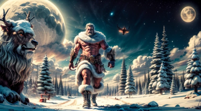 Zeus greek god as Santa Claus outfit post-apocalyptic world Ride a large, fierce, and formidable cyborg reindeer. Cross through the abandoned Atlantis empire ,a lot item around , Surreal, mysterious colorful