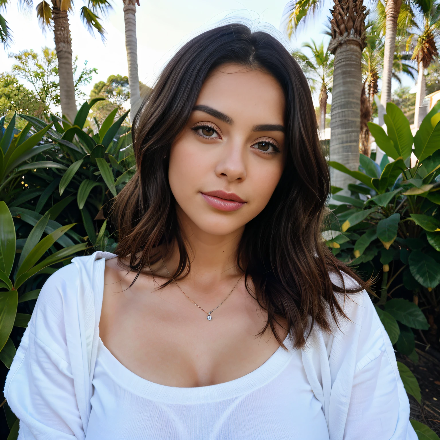 arafed beautiful 23 y.o Beautiful brunette, an innocent face, naturally wavy hair en un parque, Cuerpo completo, Cinematographer, mujer joven, oval jaw, rasgos delicados, cara hermosa, cabello suelto, cabello rojo real detallado, flequillo largo, ojos morados brillantes perfectamente detallados, ojos grandes definidos, tiny breast, definido, camisa con tirantes, escote pronunciado, foto realista completa piel blanca, poros visibles, foto realista, venas visibles detalladas, lunares detallados, pliegues visibles de la piel, huesos marcados, flaca, pecas, plano entero, aretes detallados, Cinematographer, enfocada,