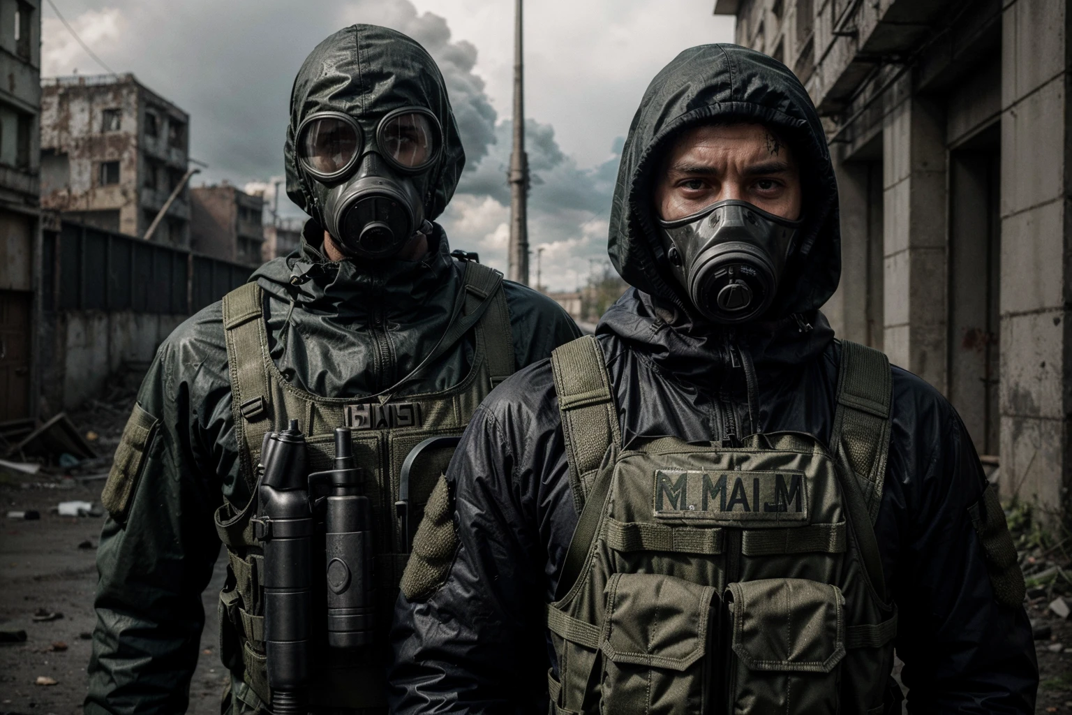 man in gas mask and gas mask holding a gun, heavy bulletproof vest, stalker patch, S.T.A.L.K.E.R., anomaly, USSR, soviet ruins, poison clouds, blood on clothes,