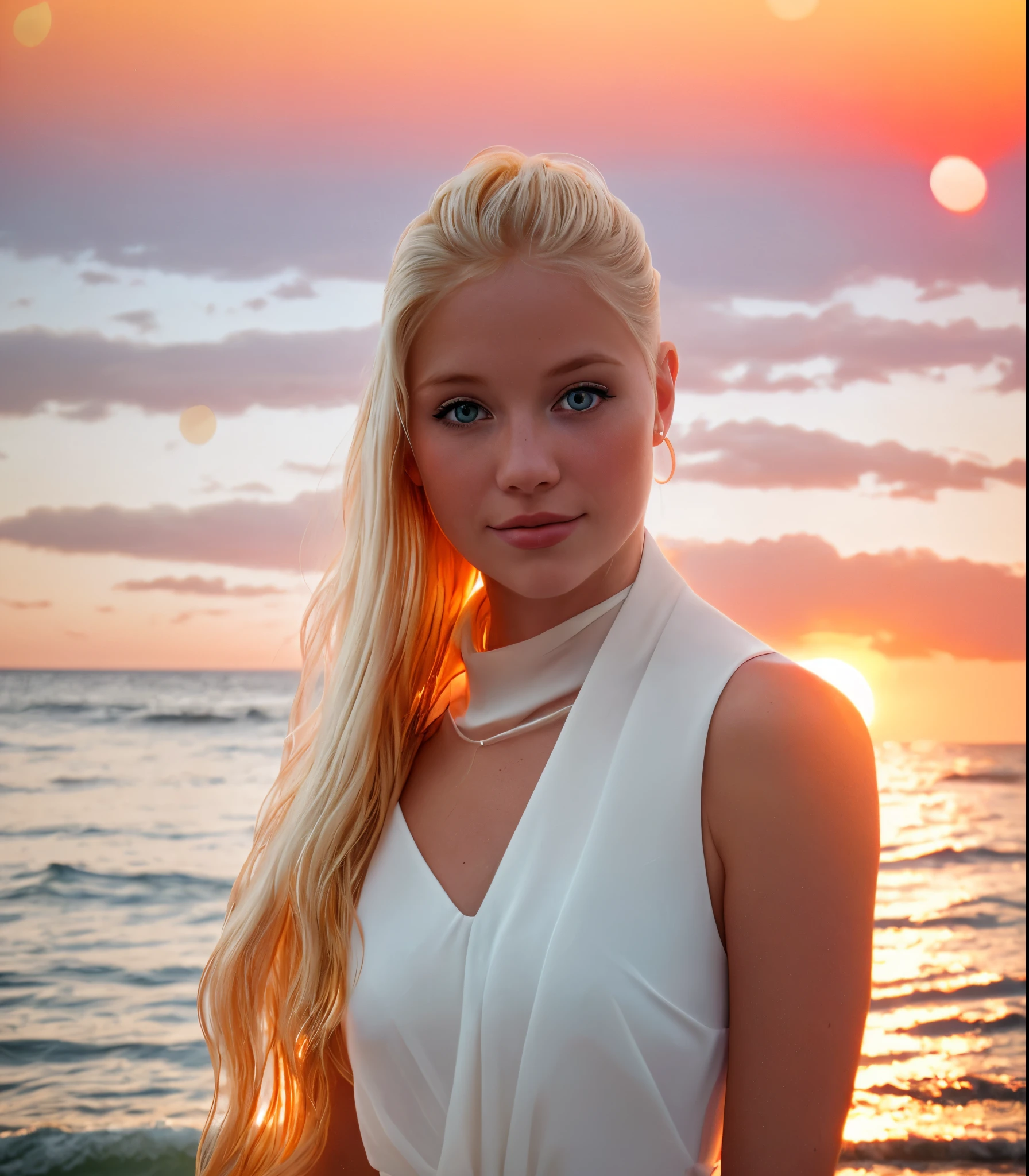 blonde girl in a white light dress against the backdrop of the sea and a warm sunset