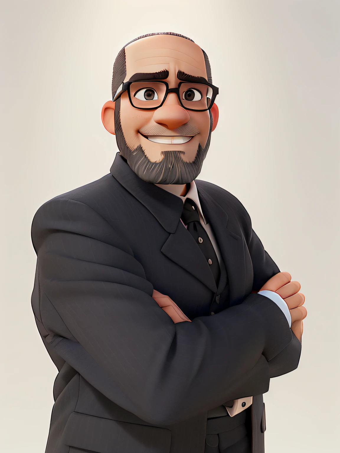 A man running and with visible white teeth, bald on the top of the head and short hair on the side of the head, Standing in front of a white background, com barba curta, Wear black framed glasses, wearing a black suit and with his arms crossed.