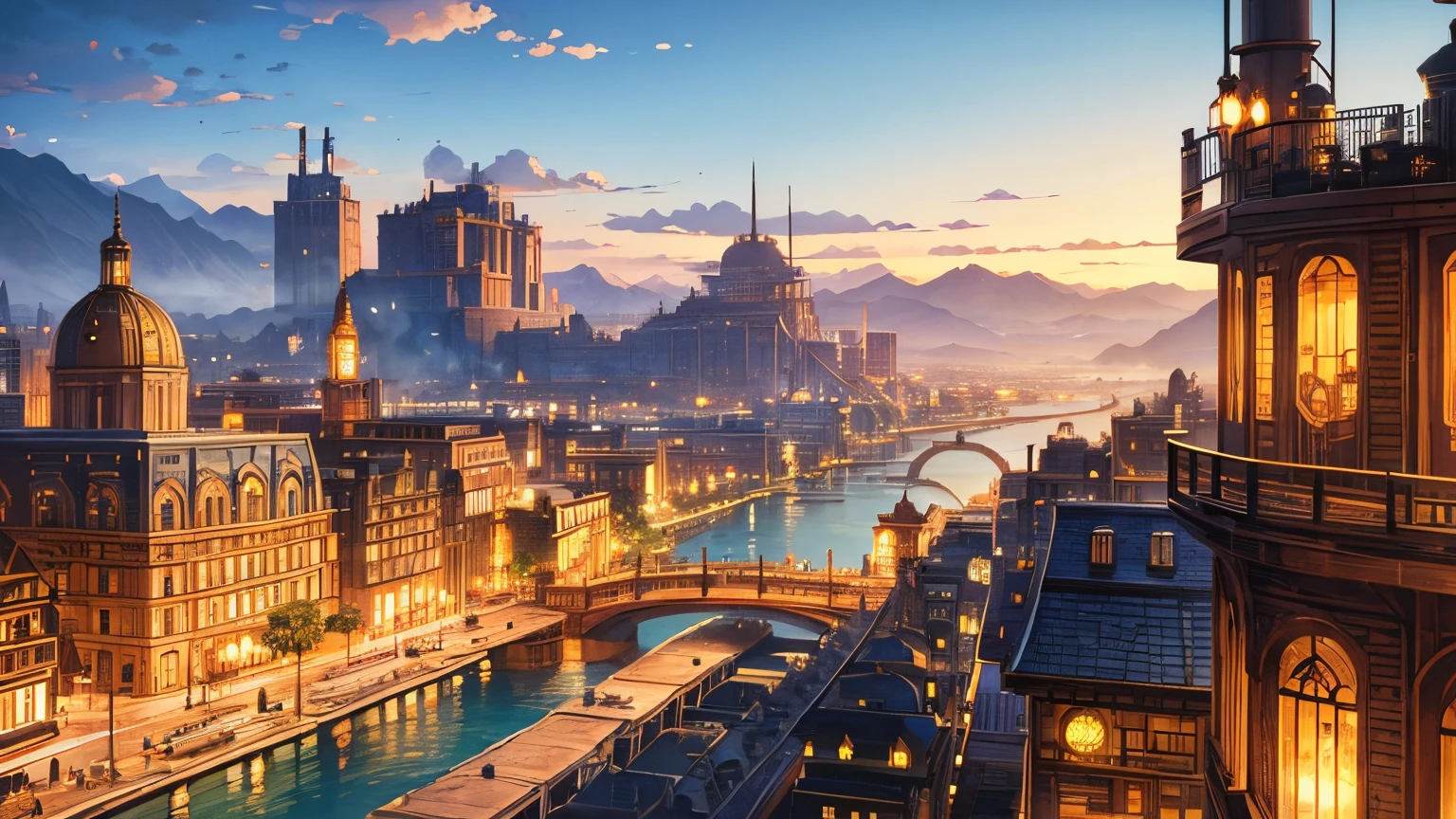 Steampunk city is surrounded by high mountains and lakes, going through an industrial revolution, airships in the sky, people in the streets, steam engine trains, river going through city,