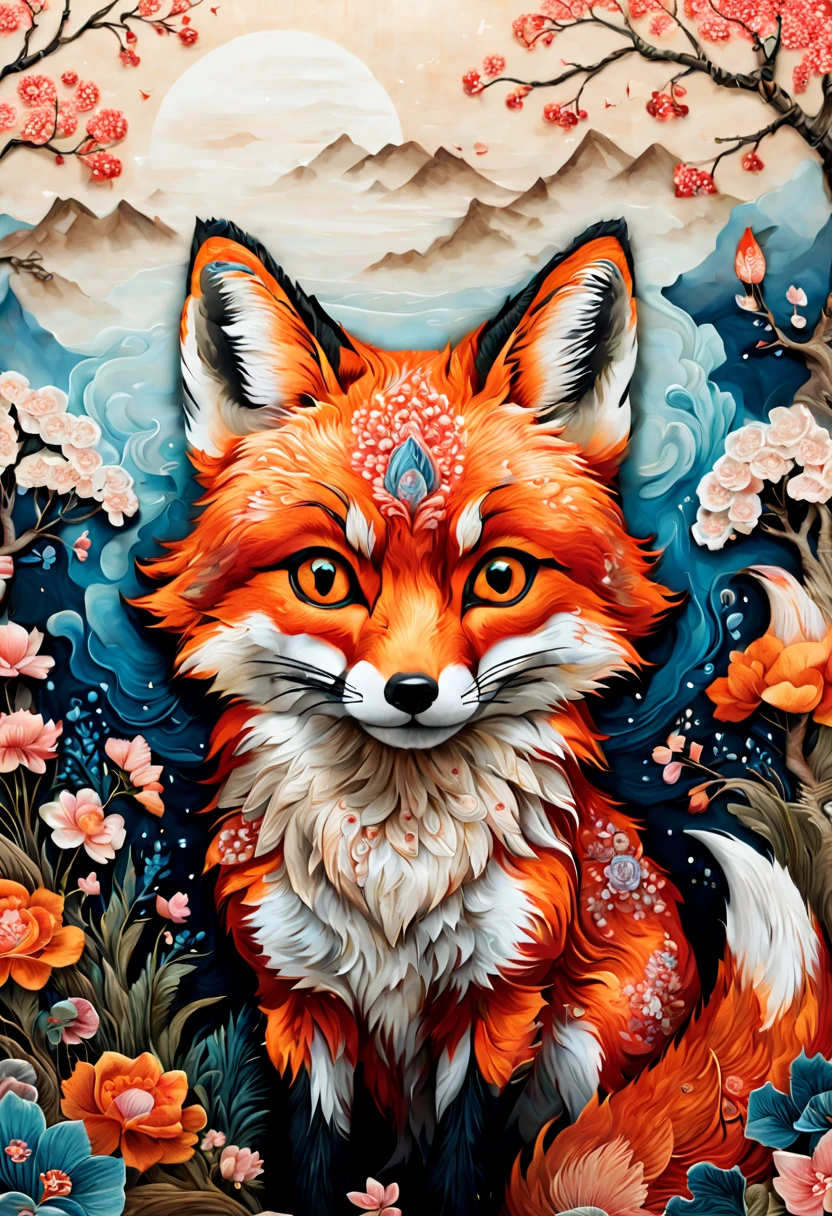(embroidery theme, embroidery art), embroidery texture, cute fox, Ukiyoe, fantasy art, surrealistic, whimsical, enhance, intricate, (best quality, masterpiece, Representative work, official art, Professional, unity 8k wallpaper:1.3)
