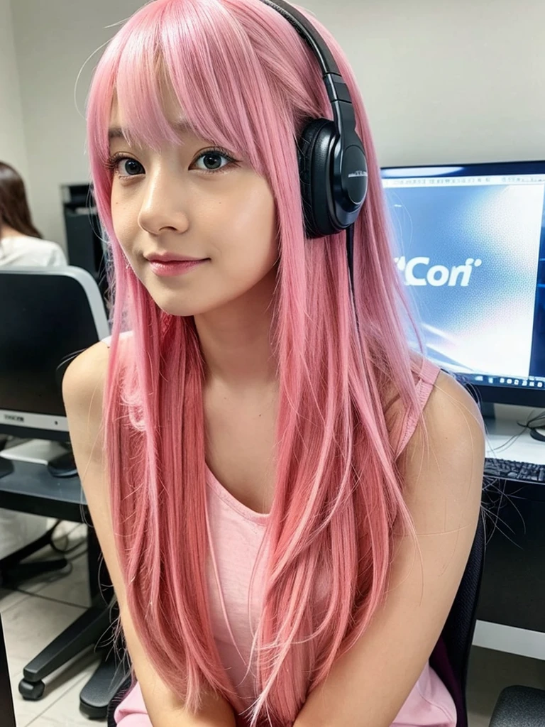 gamer girl, vibrant pink hair, long hair, makeup, sit