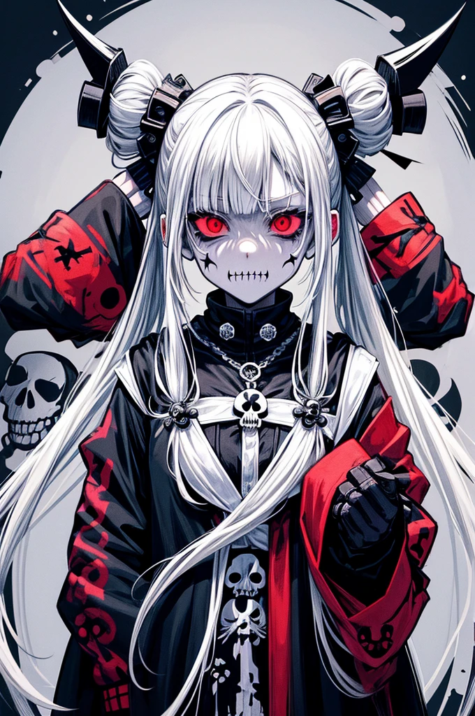 Anime zombie voodoo priestess design, crossbones, skulls, Streetwear design, pigtails, Professional vector, scary style, Complete design, Only 6 colors, solidcolor, no shadow, Complete design, a sticker, vivd colour, white backgrounid.