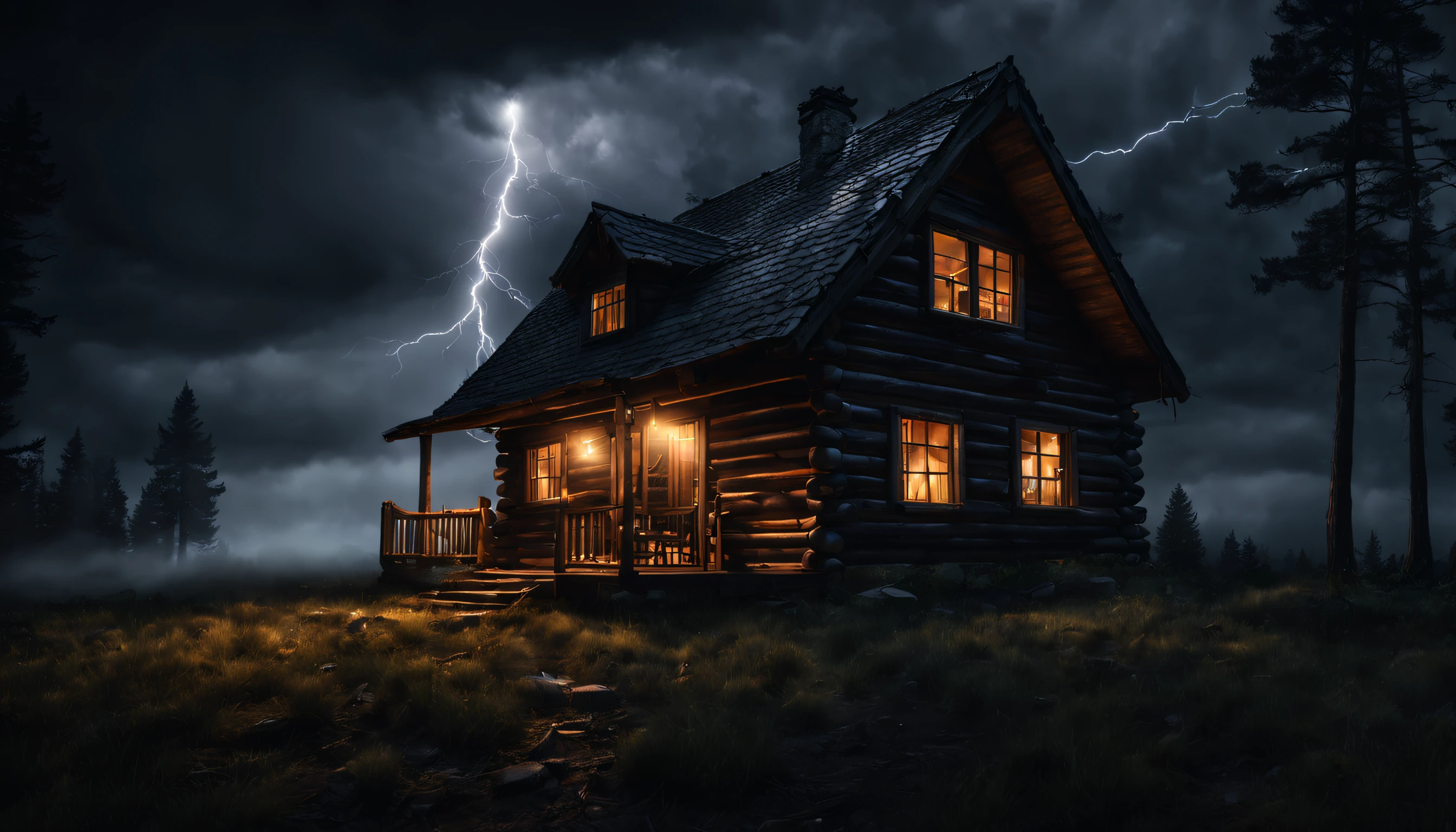 create a photo of a realistic cabin in an open forest at night with lights on, showing a cloudy sky surrounded by dark storm clouds, Fotografia 4k, dark scenery with lots of fog and rain falling heavily and lightning streaking across the sky