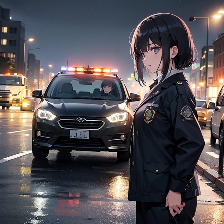 Color animation illustration of a female police officer in her 20s working at a checkpoint, While discovering a driver suspected of drunk driving、. she signals the driver to stop, But he ignores her and tries to run away.. she chased the driver's car、finally got him. The driver is her ex-boyfriend. she feels angry and sad towards him. The scene is dark and raining, The atmosphere is dramatic and tense.. View from the road side, Where the police car and driver's car are parked.