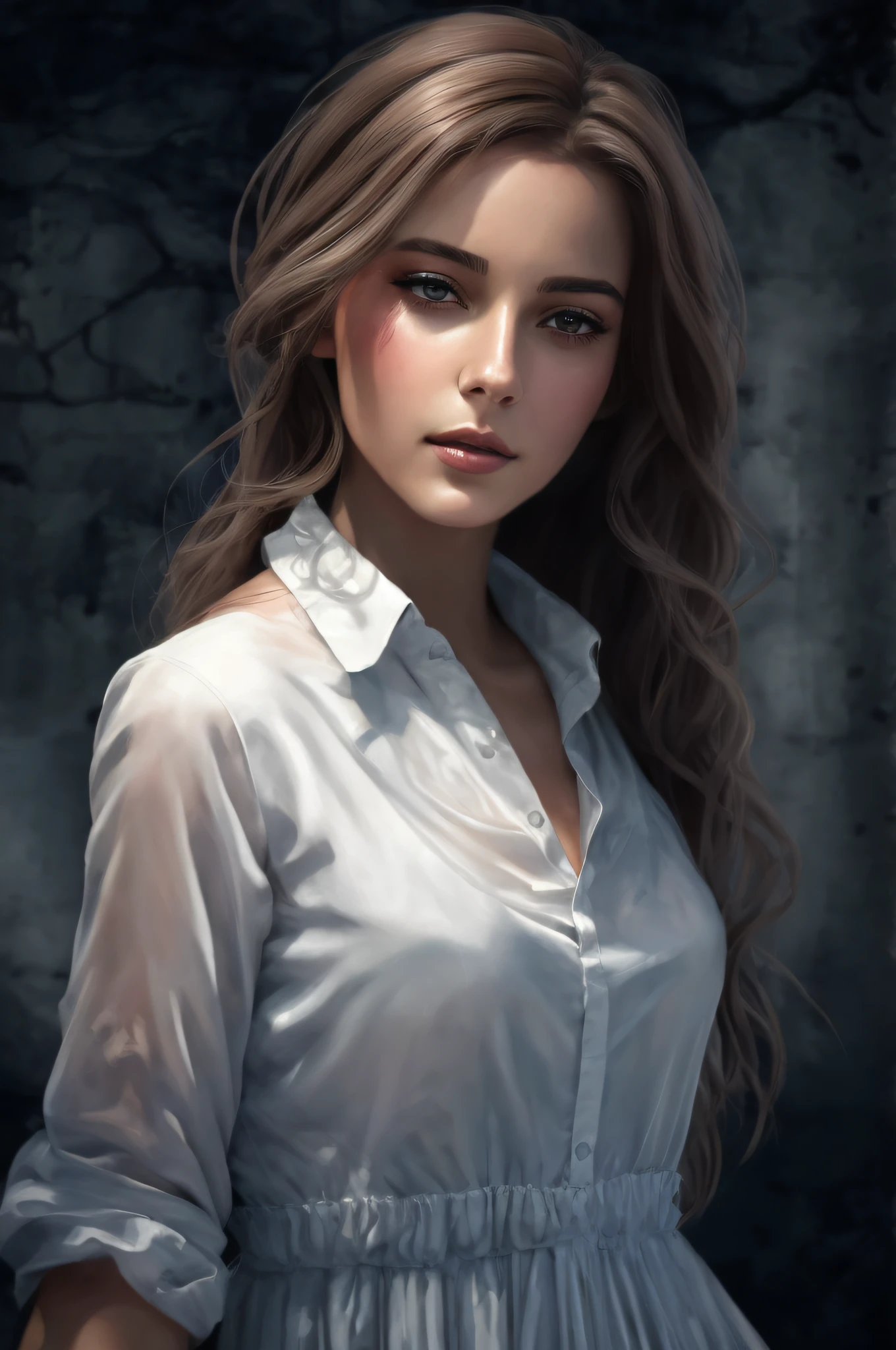 Il y a une femme aux cheveux longs et une chemise blanche, gorgeous digital painting, Stylish digital painting, beautiful digital painting, realistic digital painting, realistic digital art 4k, realistic digital art 4 k, stunning digital painting, digital art of an elegant, Realistic Cute Girl Painting, beautiful digital artwork, Belle peinture de personnage, Dans le style artistique de Bowater, Digital painting on glossy paper