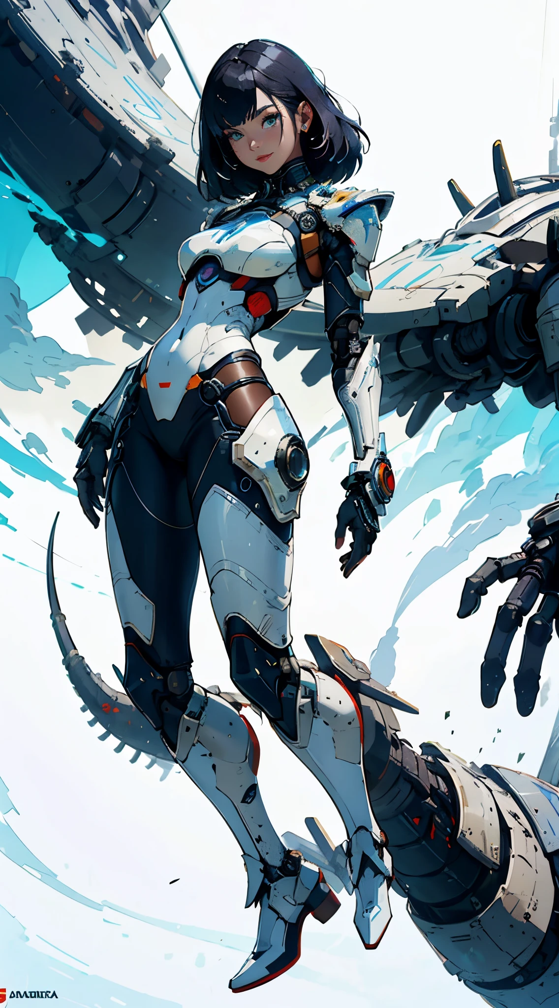 Masterpiece in 4K, style inspired by Shadow of the Colossus, Mass Effect and Monster Hunter. | A stunning 30-year-old woman wearing an all-white cybernetic armor with small blue areas and black robotic parts. The costume is adjusted to the body, highlighting his figure. Her blue, short hair, with two marias-chiquinhas and bangs over her right eye, adds a unique touch. She is in an alien aircraft, full of technological equipment, large computers, futuristic windows and metal structures. It adopts a dynamic pose, leaning back in a captivating way. The camera is extremely close, focusing on the entire body of the main character. | {The camera is positioned very close to it, revealing the whole body as it takes on a dynamic pose, leaning in a captivating way} | ((perfect_pose):1), ((full body)), ((hands_with_5_fingers):1), ((perfect_fingers):1), ((perfect_legs):1), better_hands, More_Detail.