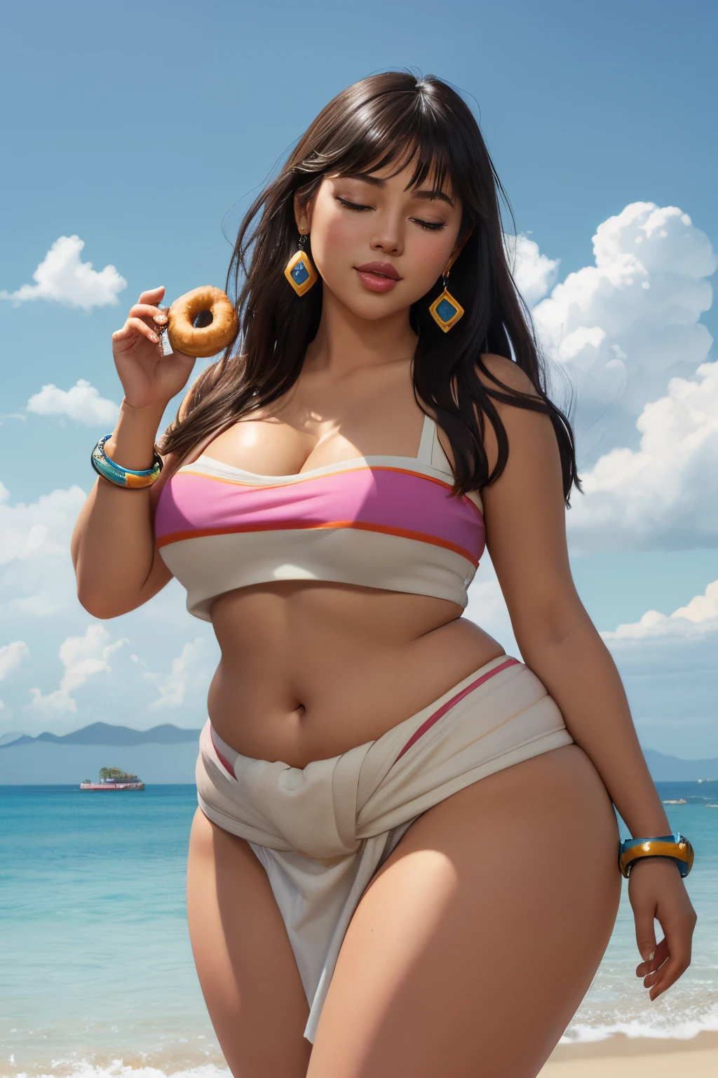 masterpiece, (photorealistic), (8k wallpaper) , (best quality), perfect quality, solo, (detailed eyes:0.9), girl, Chel, eating donut, latin, face : ( very beautiful face, cute face, pleasure, closed eyes, small smile, thin face, perfect face ), figure: (very full figure, sexy, sexy pose, very thicc, curvy, very chubby, chubby belly, navel, love handles, muffin top, fat thighs, thunder thighs), clothes : ( tight loincloth )