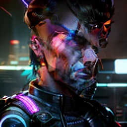 Cinematic cyberpunk scene with hyper-realistic neon lighting and detailed environment. Focus on the hyper-realistic facial expression and cybernetic implants of a handsome male.
