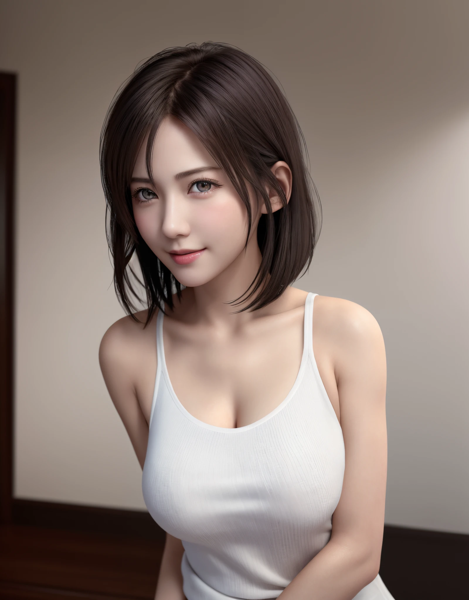 of the highest quality, 超A high resolution, (Photorealistic: 1.4), Beautiful eyes，short detailed hair，White T-shirt，Beautiful breasts, Lovers, Lover's Eyes, Sexy smile, Perfect Style, Perfect balance, Detailed skin,