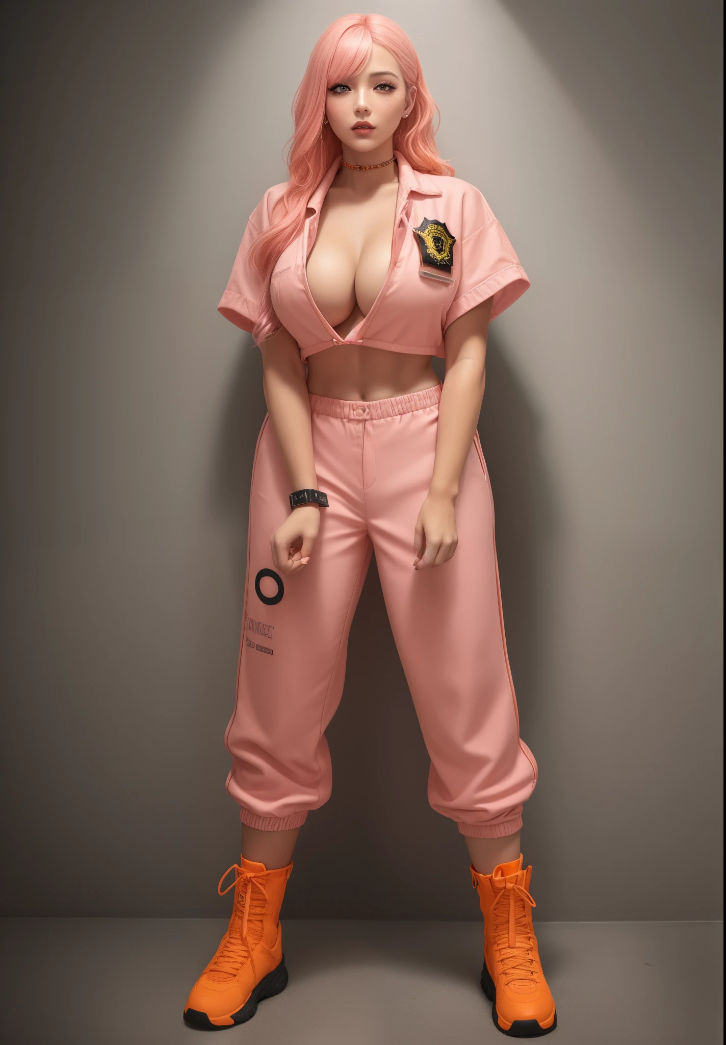 (masterpiece, best quality, ultra-detailed, ultra-HD, photorealistic, cinematic), (alluring female prisoner), (wide shot, full body view), (cotton candy pink waves hair, cascading freely), creamy complexion, delicate features, perfect body, perfect face, perfect hands, delicate face, (large cleavage), round ass, long round legs, a close up of a woman in an orange prison outfit, wearing an orange prison jumpsuit, prison jumpsuit, wearing a prison jumpsuit, dressed in orange inmate attire, with prison clothing, orange jumpsuit, wearing an orange jumpsuit, high-quality costume, outfit: cop, neon orange, bright trouser suit for a rave, female outfit, (rosy pink eyes), detailed pupils, blushing, slightly parted lips, nude lips, (sexy pose), (background: prisoner cell), handcuffs on