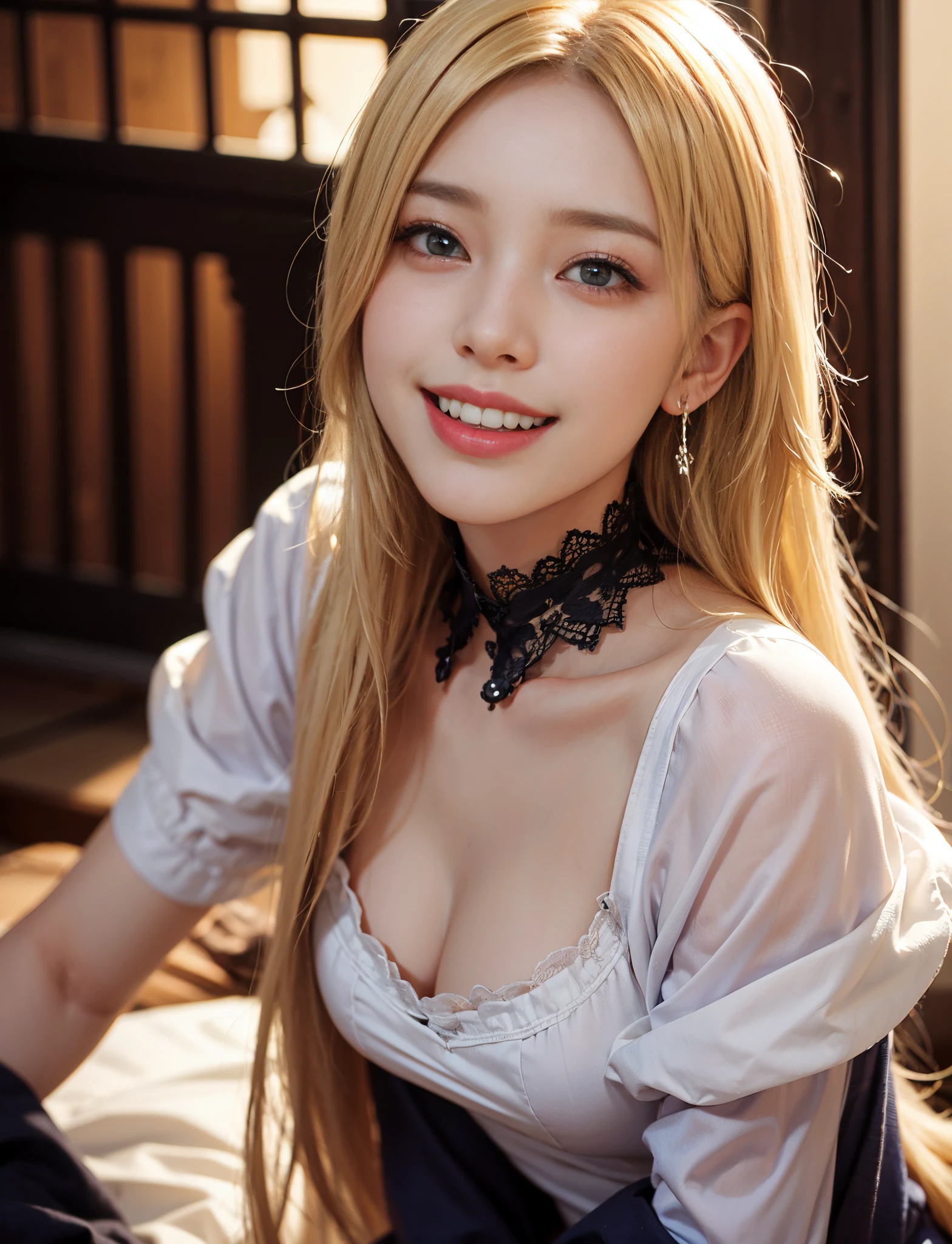 About 20 years old、Japan women、Beautiful woman、((Blonde Straight Long Hair))、Beautiful hair、A detailed face、Detailed eyes、A detailed face、Detailed skin、realskin、
