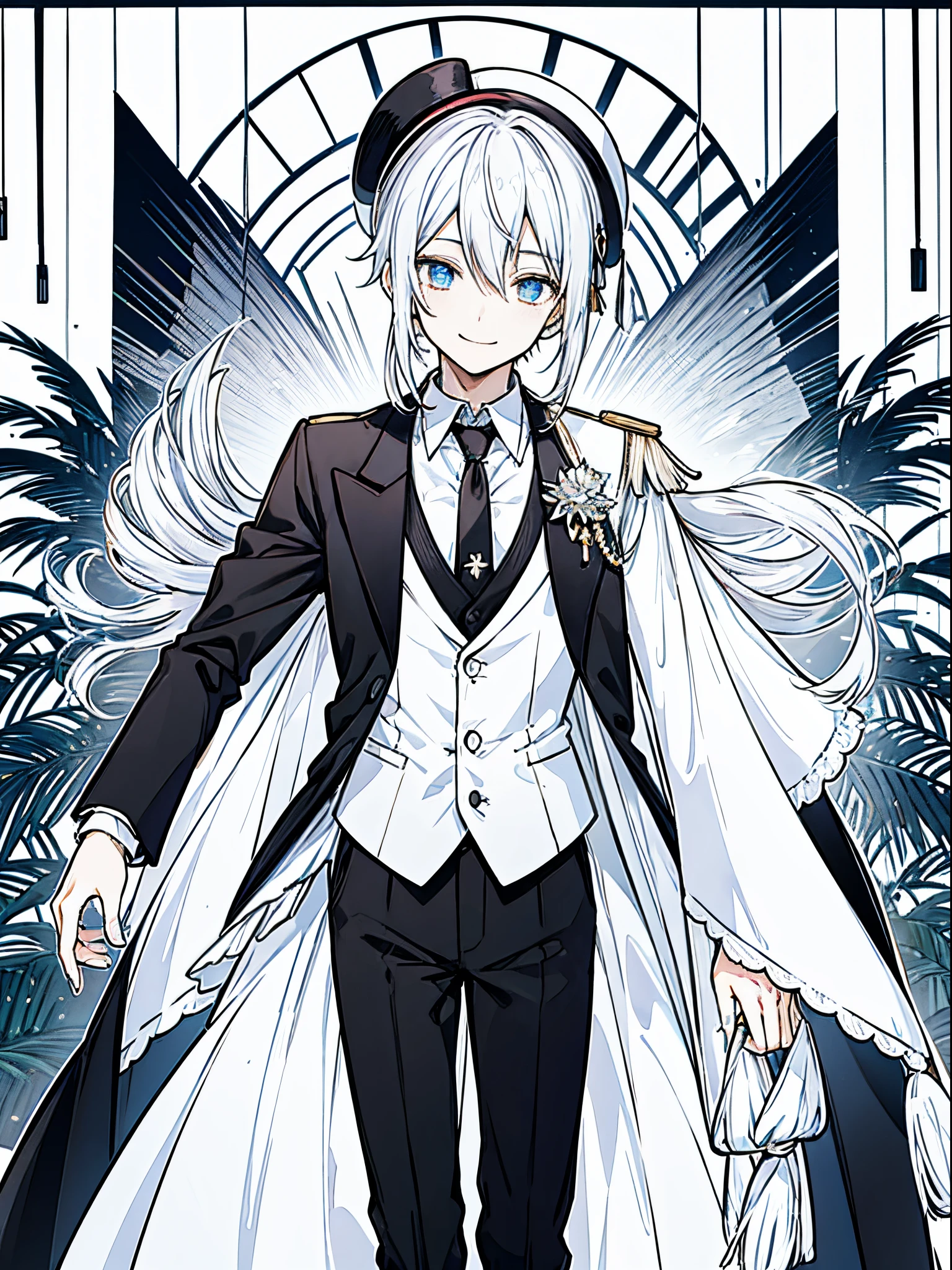 (masutepiece)(high-detail)male in his 20s、One、white hair、poneyTail、tailcoat、neck tie、Hats、Smile