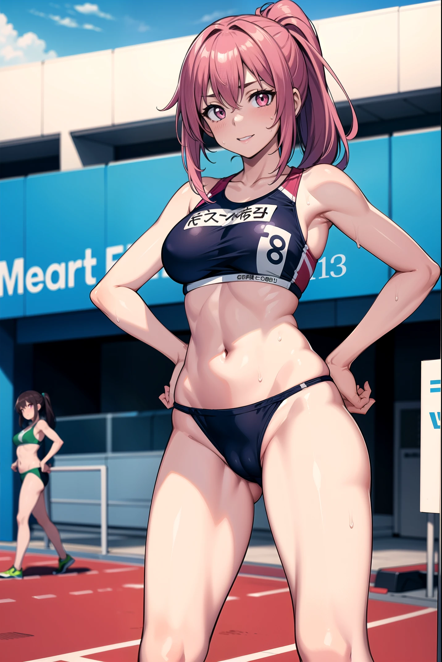 8K Wallpaper, masterpiece, best quality, illustration, looking at viewer, cowboy shot, 1 woman, solo, 20 yo, from below:1.3, BREAK(pink hair), (pink ponytail), pink eyes, blush, (grin:0.5), (happy:0.9), medium large breasts, rocket bit, (standing pose, Spread legs), sweaty0.8, BREAK Shiny skin, (track uniforms, Sportswear, sports bras, sports bikinis:1.3), colourfull, BREAK(5884:1.4, Add bib number), BREAK(Outdoor athletics stadium), camel toe:1.4,
