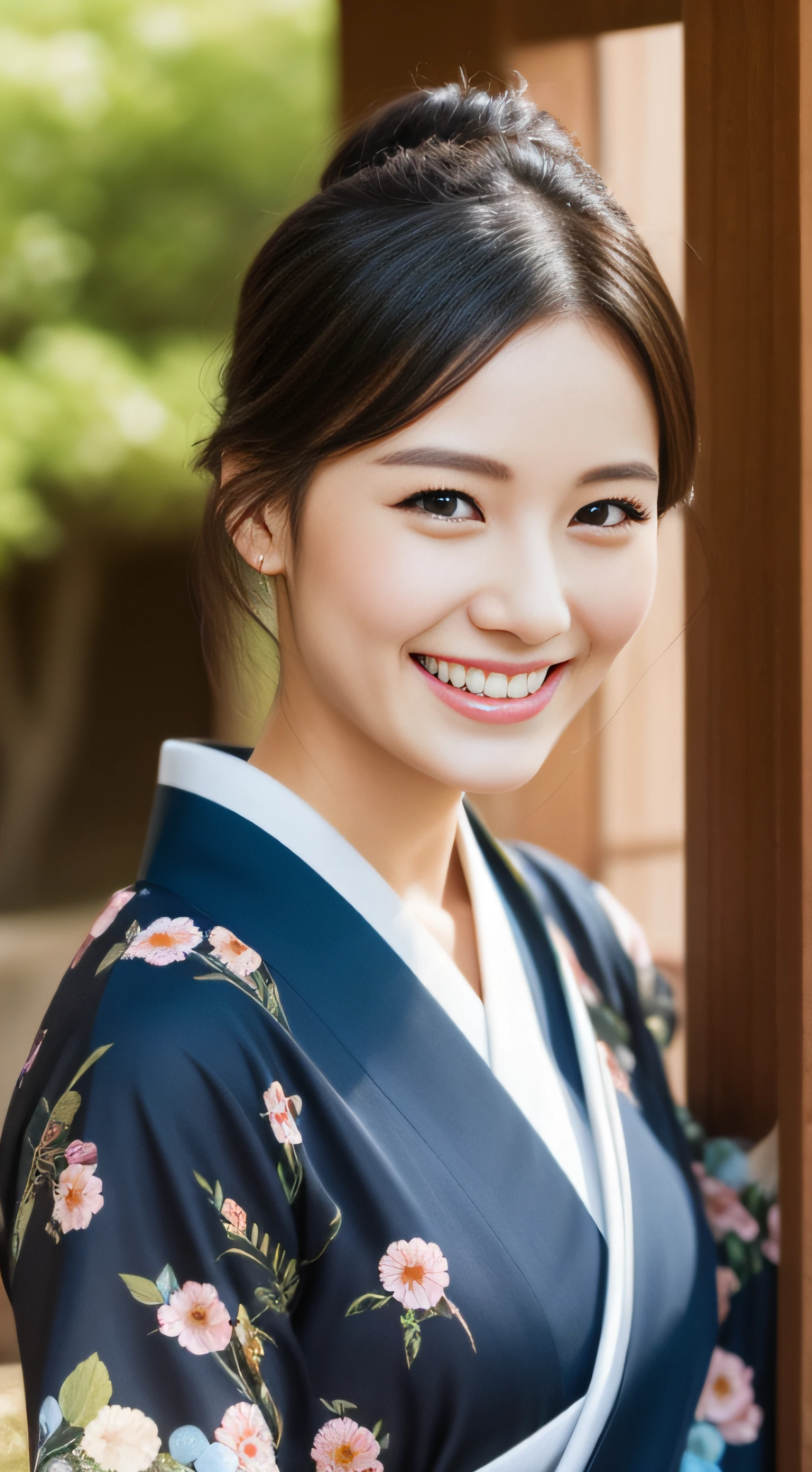 The charming face of the hostess、Floral Japan Kimono、hiquality、A hyper-realistic、healthy、Smiling expression、Slender perfect figure、Japan beauties、 perfect eyes beautiful skin、The upper part of the body、Shrines and temples