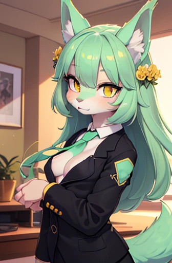 beautiful (wolf femboy), 2 ears, (((small breasts))), ((detailed features)), detailed fingers, precise fingers, (((not unnatural hands))), natural pose, illustration, vibrant colours, apartment interior, 1 girl, solo, ((mint green coloured poofy hair)), flower hair ornament, beautiful glowing yellow eyes, ((wearing a black business suit and black undershirt)), ((golden neck tie) and trims)