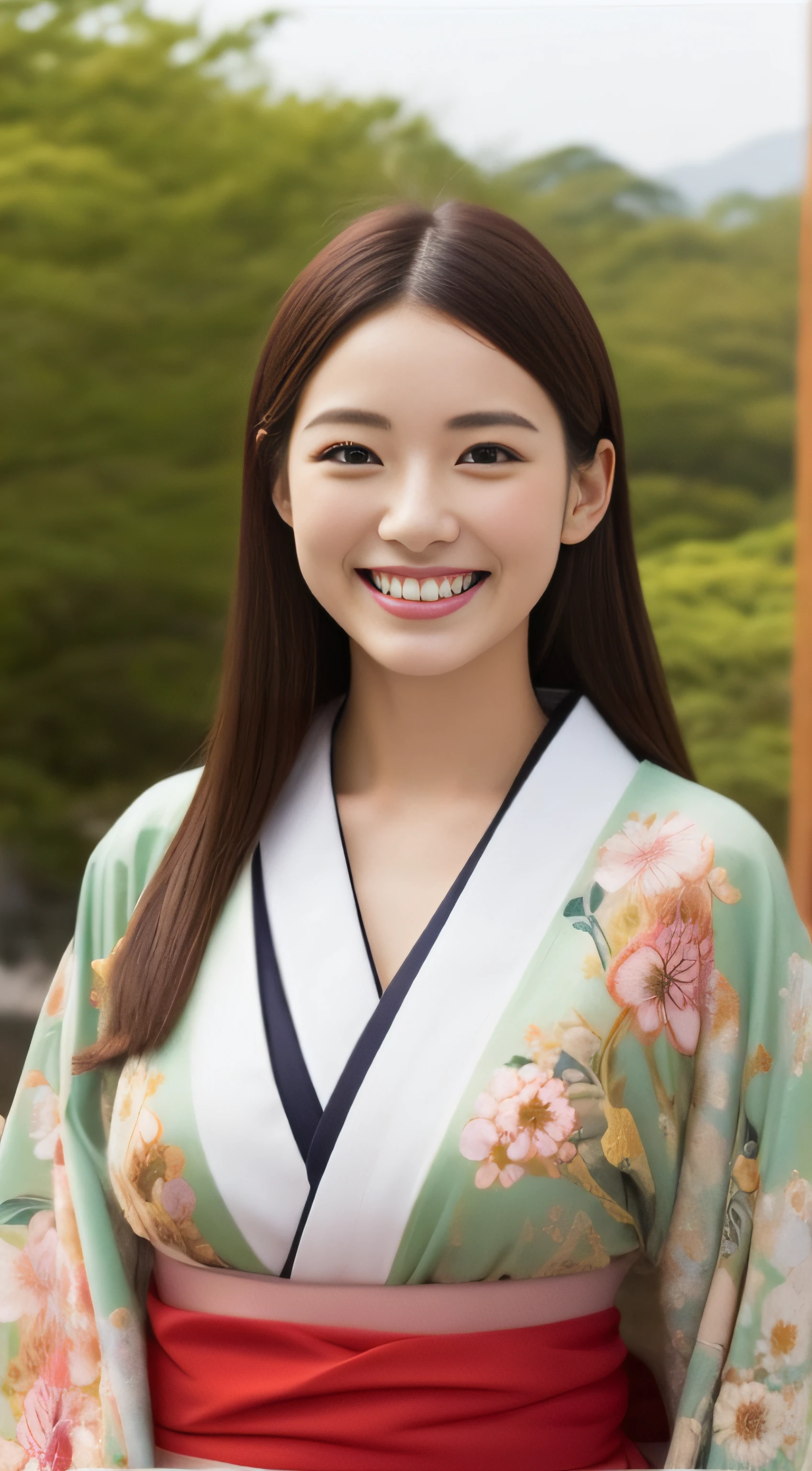 The charming face of the hostess、Floral Japan Kimono、hiquality、A hyper-realistic、healthy、Smiling expression、Slender perfect figure、Japan beauties、 perfect eyes beautiful skin、The upper part of the body、Shrines and temples