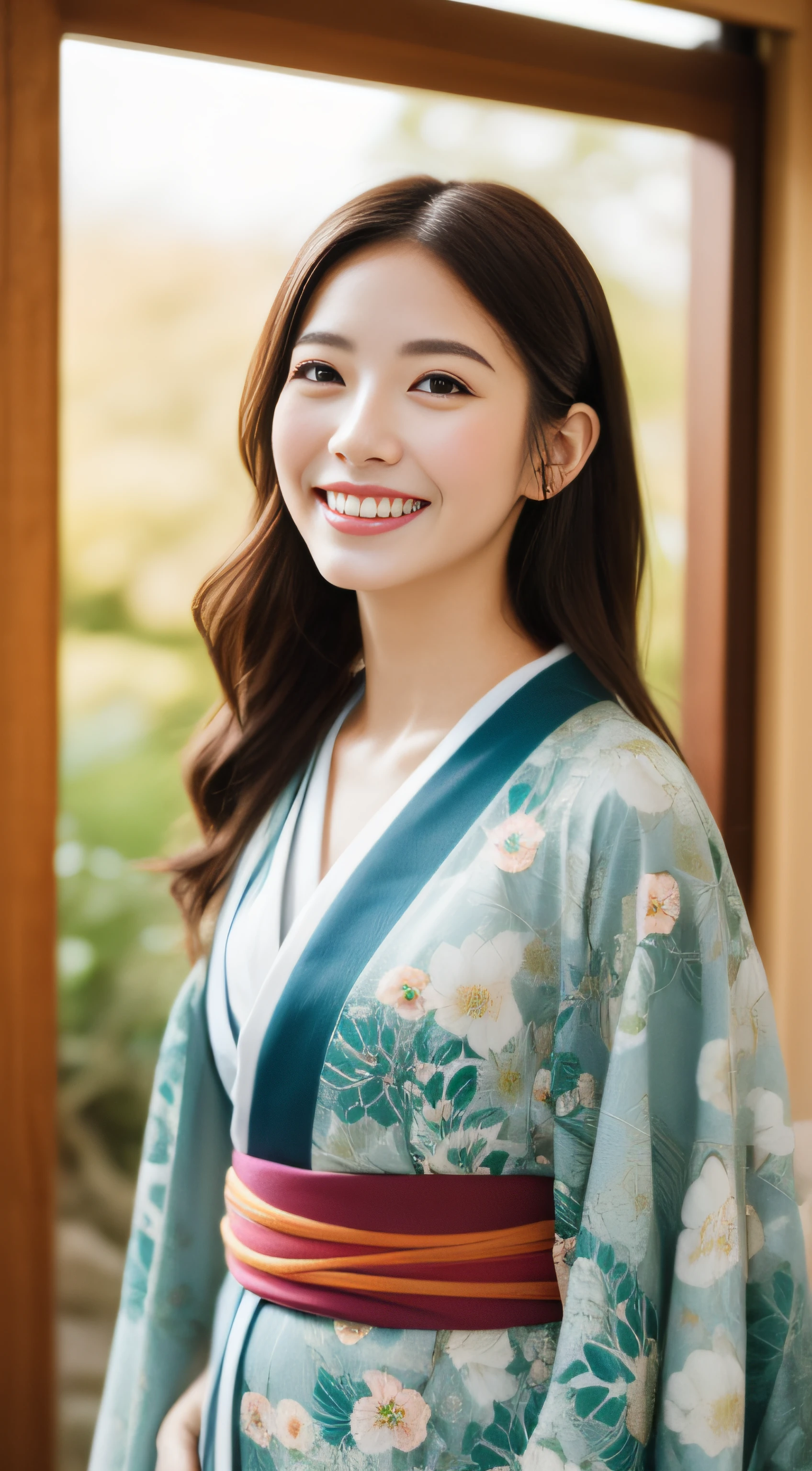 The charming face of the hostess、Floral Japan Kimono、hiquality、A hyper-realistic、healthy、Smiling expression、Slender perfect figure、Japan beauties、 perfect eyes beautiful skin、The upper part of the body、Shrines and temples