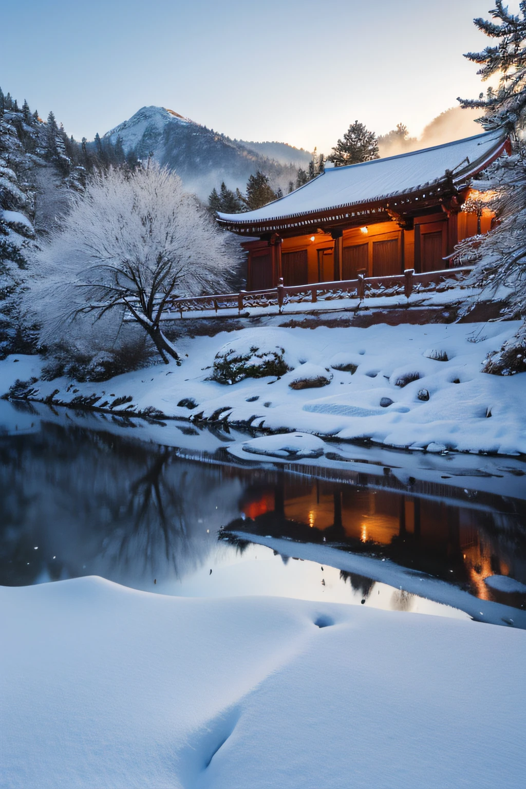 Close-up of the snowy scene on the eaves of the ancient palace in the early morning in winter, There are red plum blossoms blooming next to it,The sky is snowing,Background of snow, rays of sunshine, Ultra-fine details, ultra HD picture quality, 8K